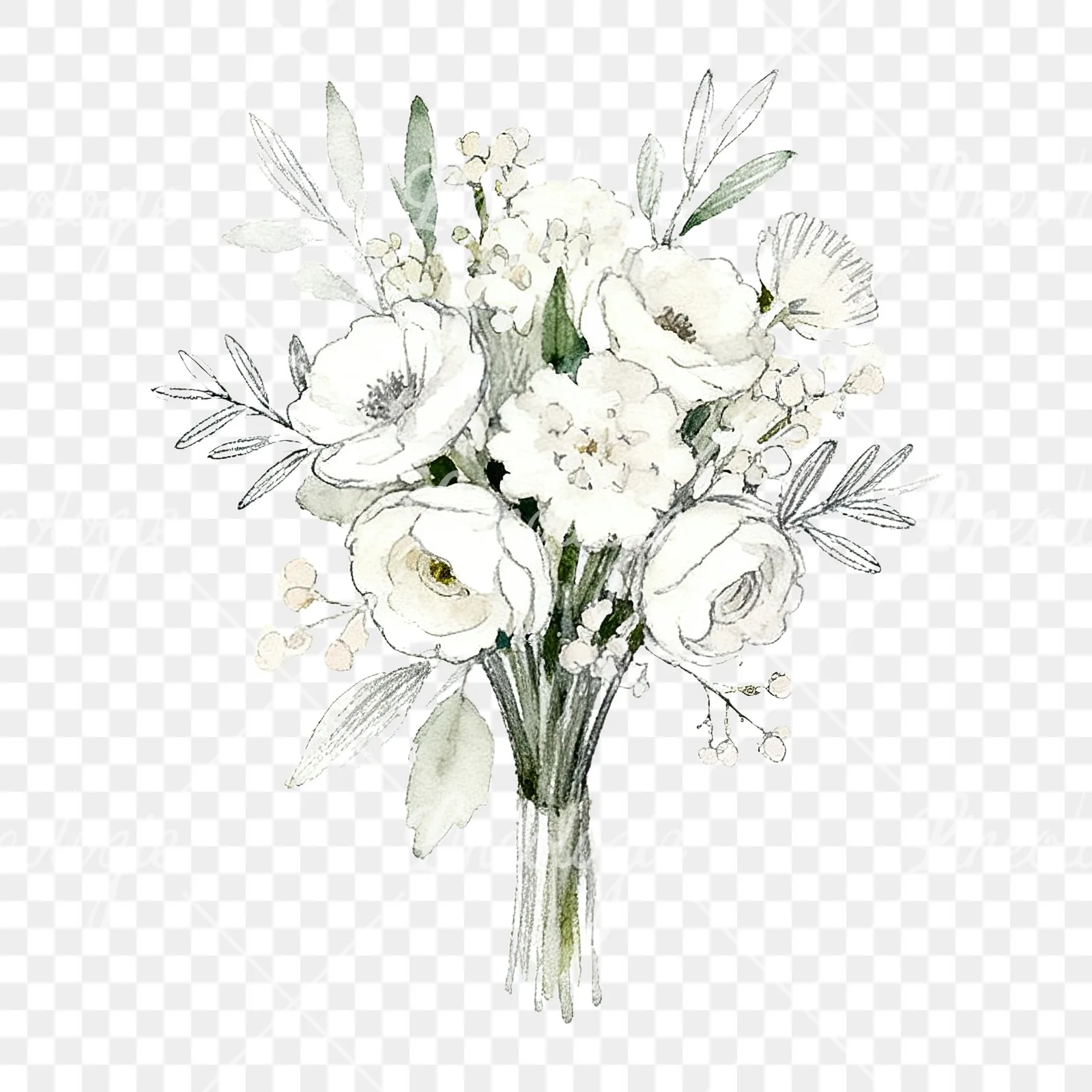 Watercolor white and blush wedding bouquet clipart 4 of 9 on a transparent background (PNG)