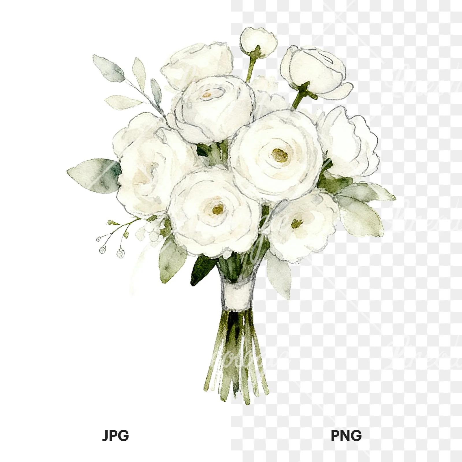 Watercolor white and blush wedding bouquet clipart 5 of 9, as a JPG on white and a transparent PNG