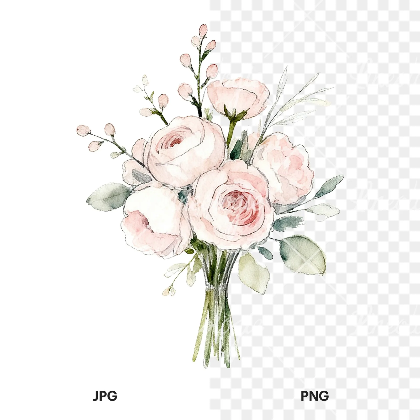 Watercolor white and blush wedding bouquet clipart 6 of 9, as a JPG on white and a transparent PNG