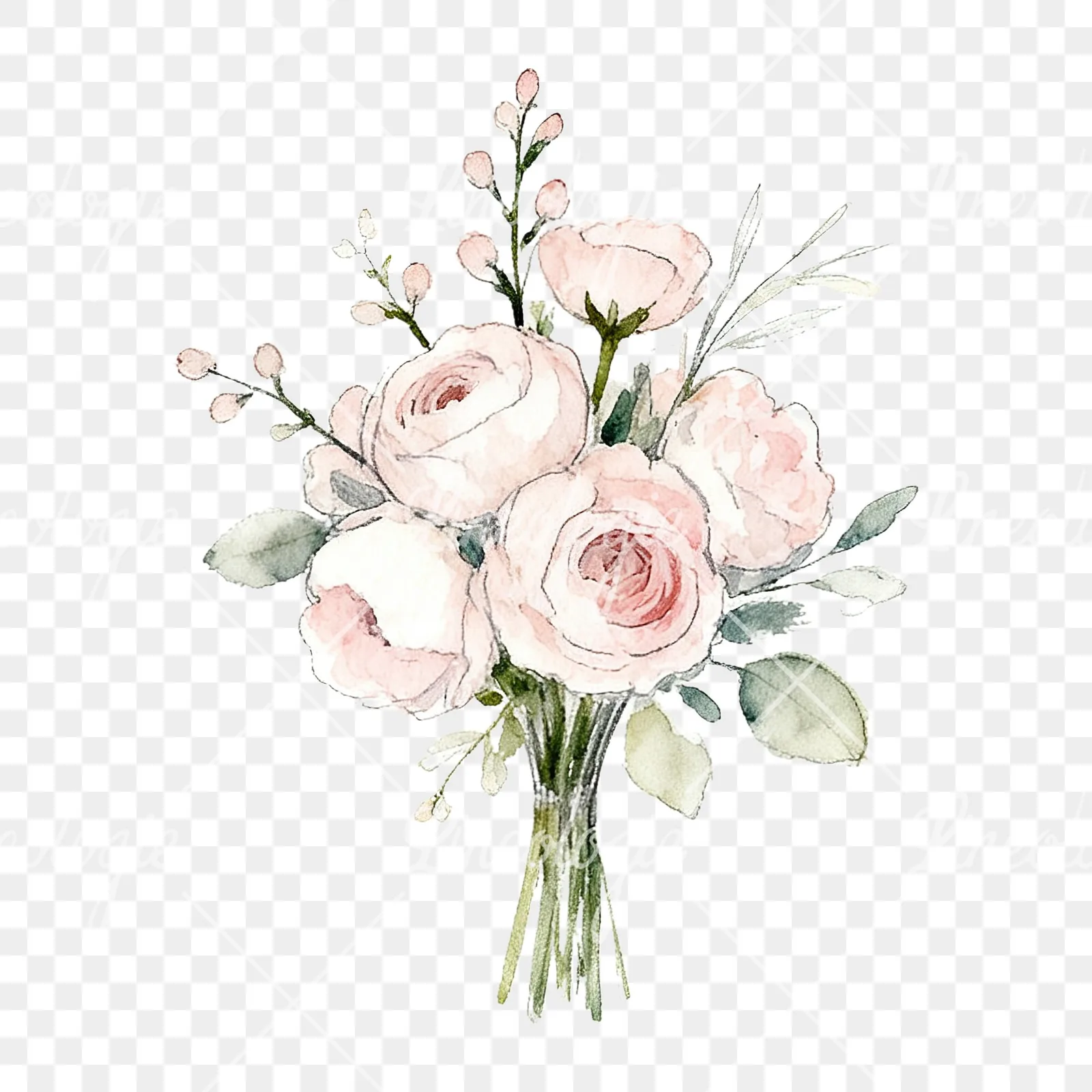 Watercolor white and blush wedding bouquet clipart 6 of 9 on a transparent background (PNG)