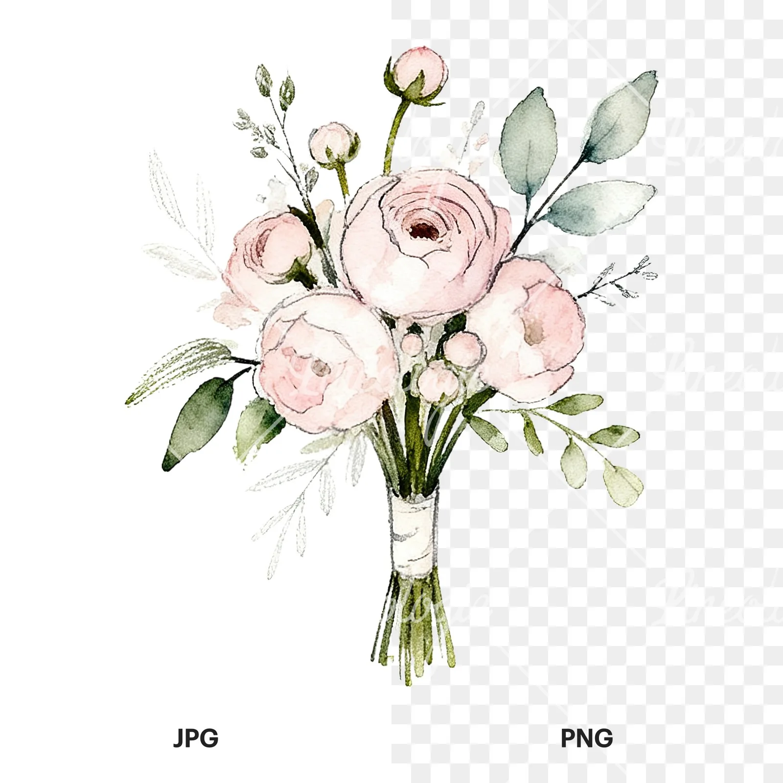 Watercolor white and blush wedding bouquet clipart 7 of 9, as a JPG on white and a transparent PNG