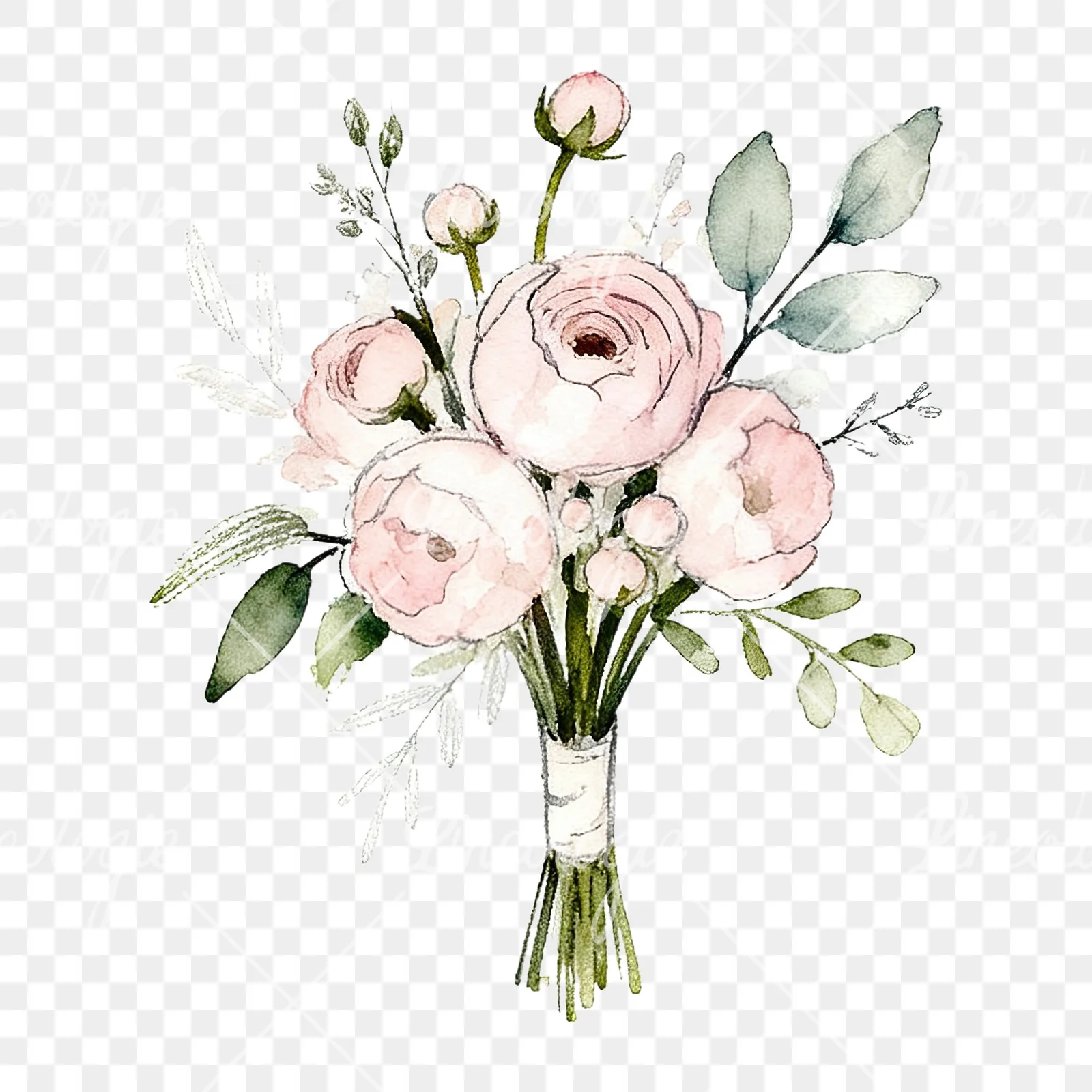 Watercolor white and blush wedding bouquet clipart 7 of 9 on a transparent background (PNG)