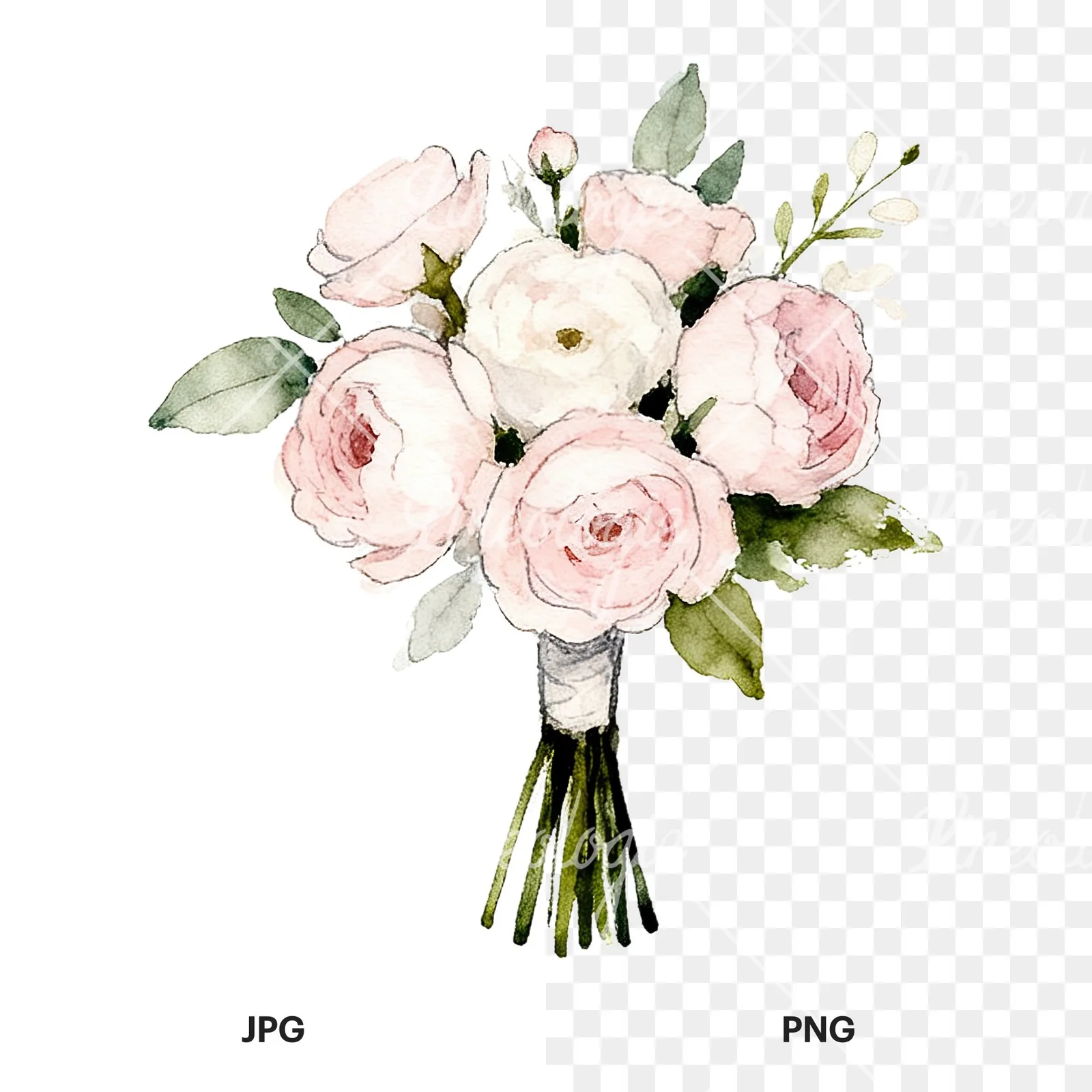 Watercolor white and blush wedding bouquet clipart 8 of 9, as a JPG on white and a transparent PNG