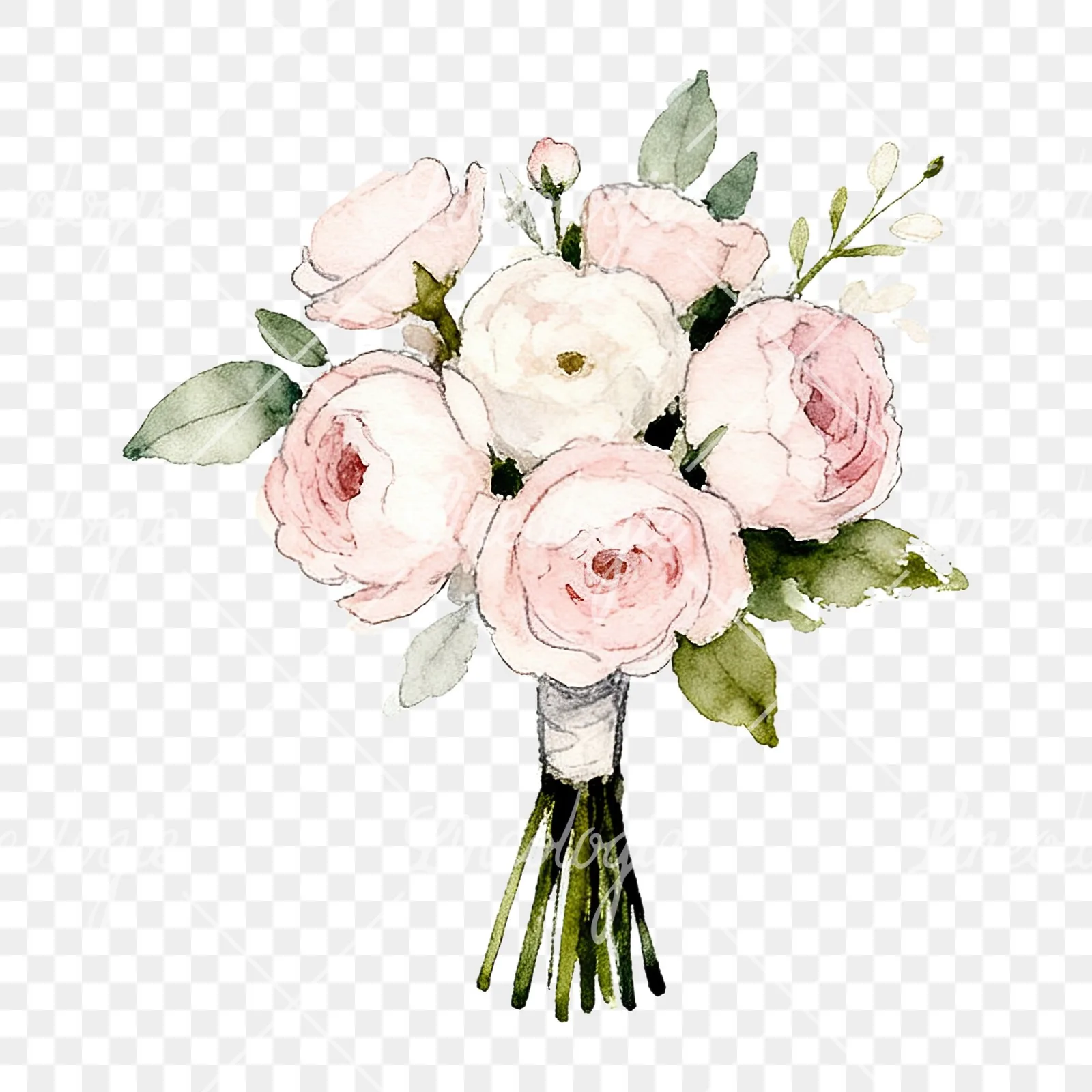 Watercolor white and blush wedding bouquet clipart 8 of 9 on a transparent background (PNG)