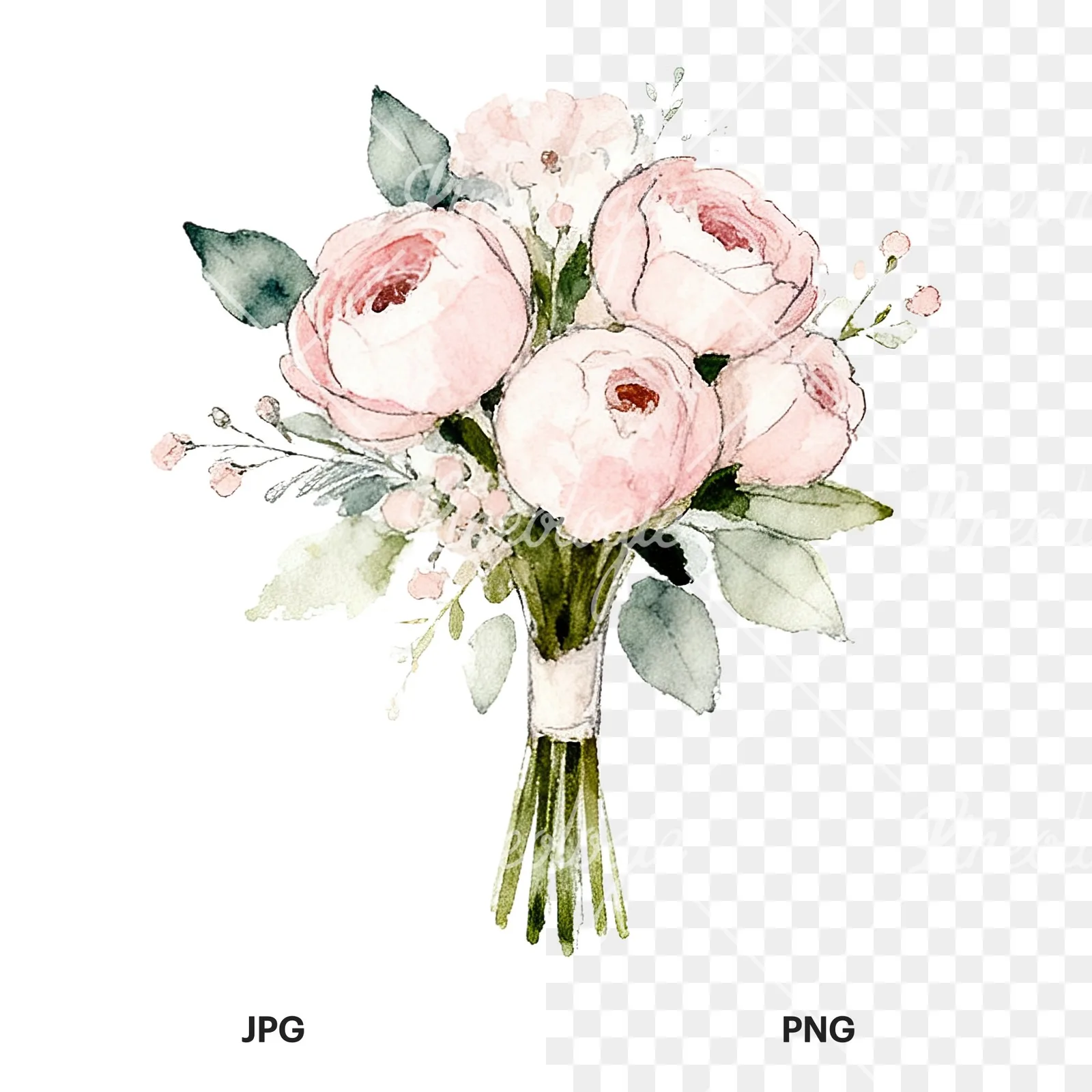 Watercolor white and blush wedding bouquet clipart 9 of 9, as a JPG on white and a transparent PNG