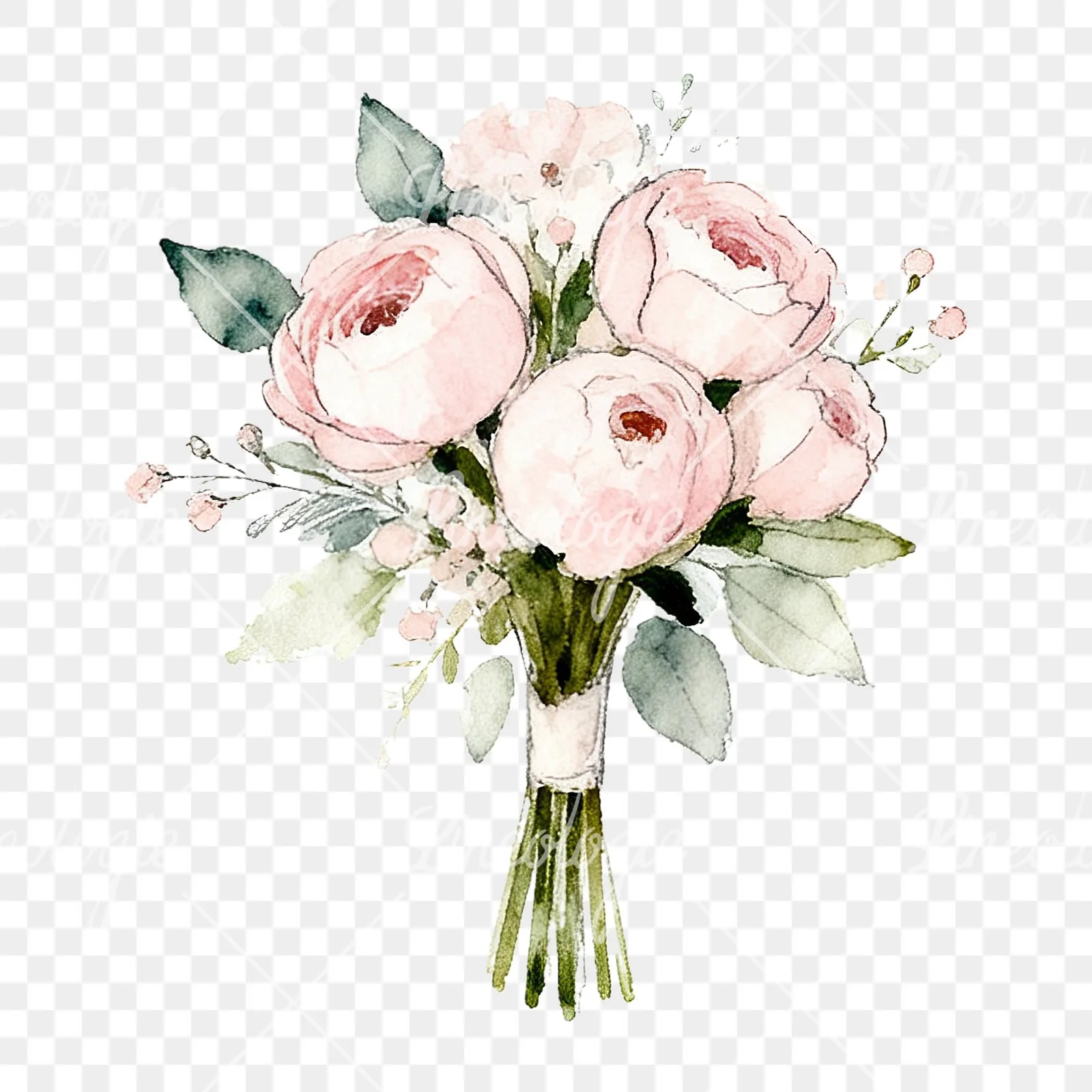 Watercolor white and blush wedding bouquet clipart 9 of 9 on a transparent background (PNG)