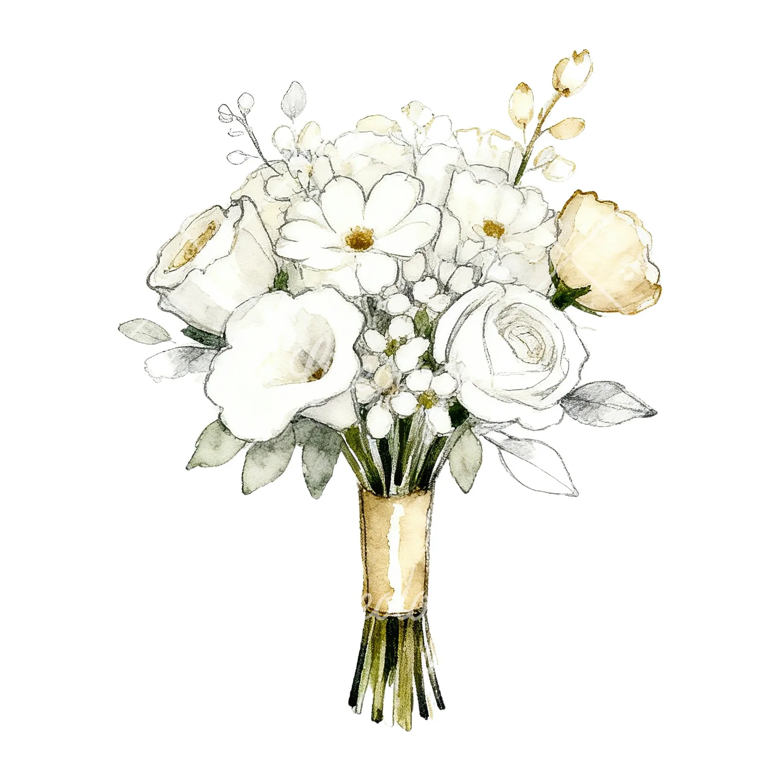 Watercolor white and champagne wedding bouquet clipart 1 of 9 on a white background (JPG)