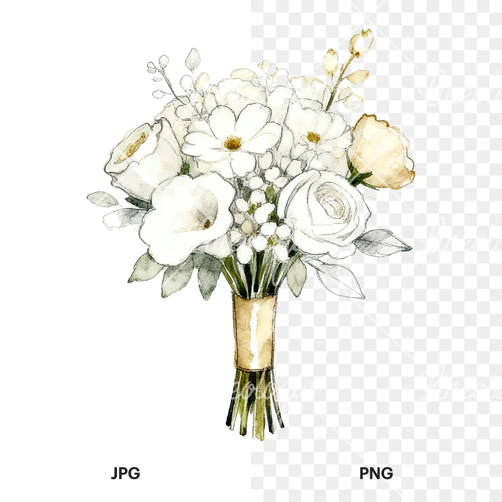 Watercolor white and champagne wedding bouquet clipart 1 of 9, as a JPG on white and a transparent PNG