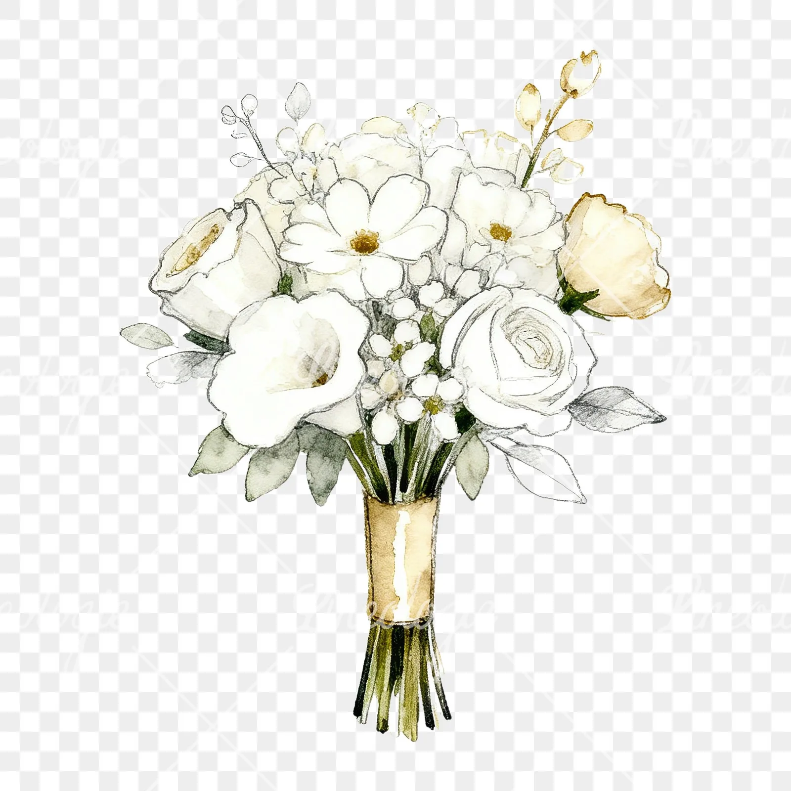 Watercolor white and champagne wedding bouquet clipart 1 of 9 on a transparent background (PNG)