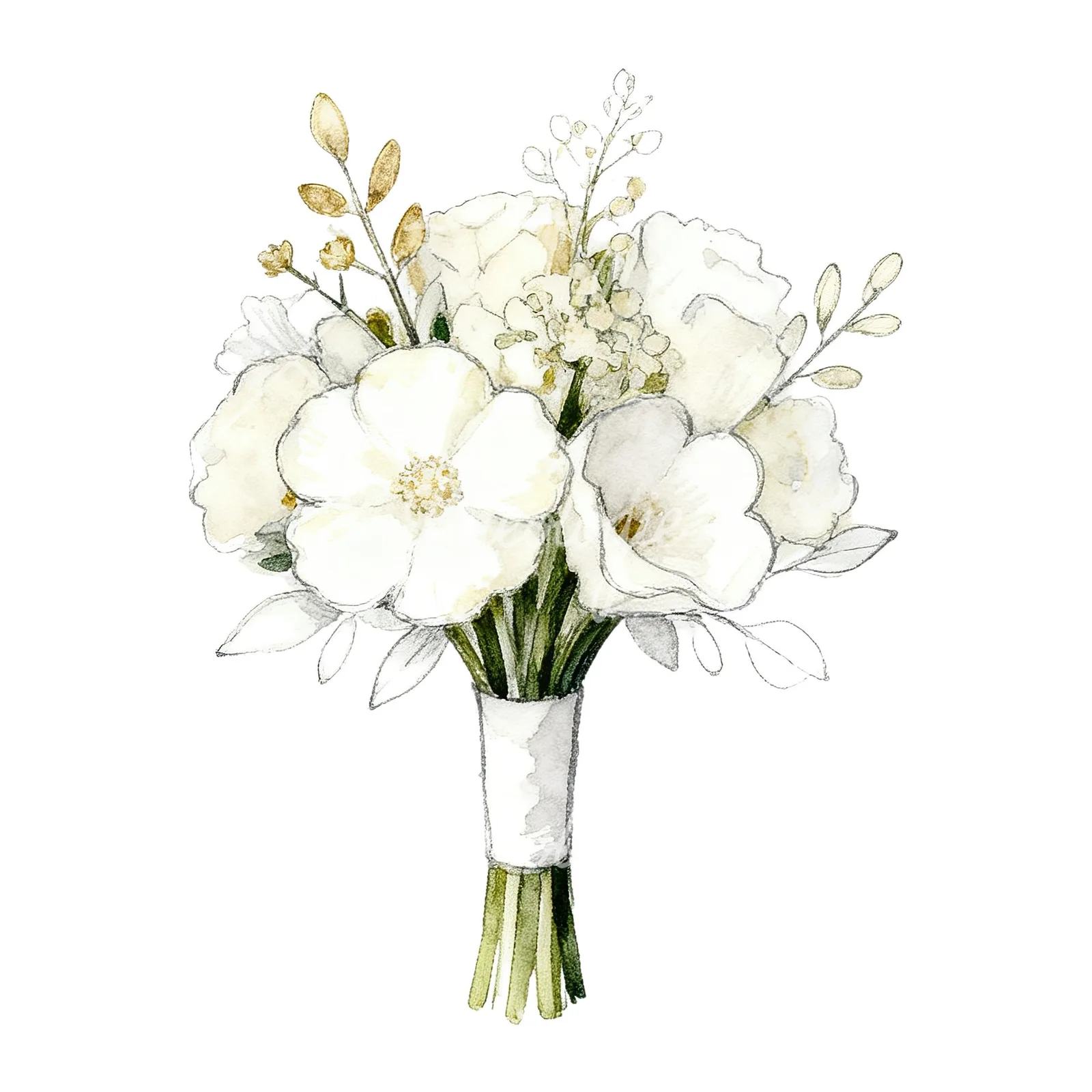 Watercolor white and champagne wedding bouquet clipart 2 of 9 on a white background (JPG)