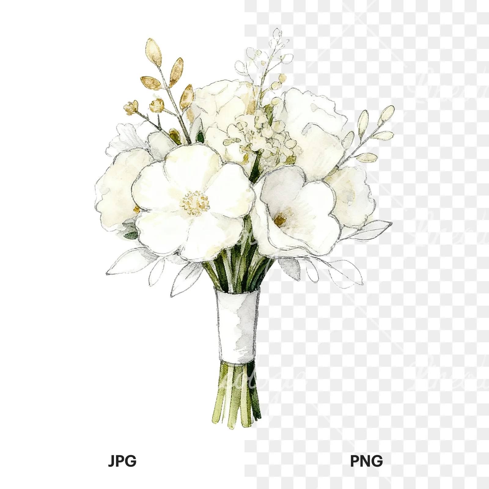 Watercolor white and champagne wedding bouquet clipart 2 of 9, as a JPG on white and a transparent PNG