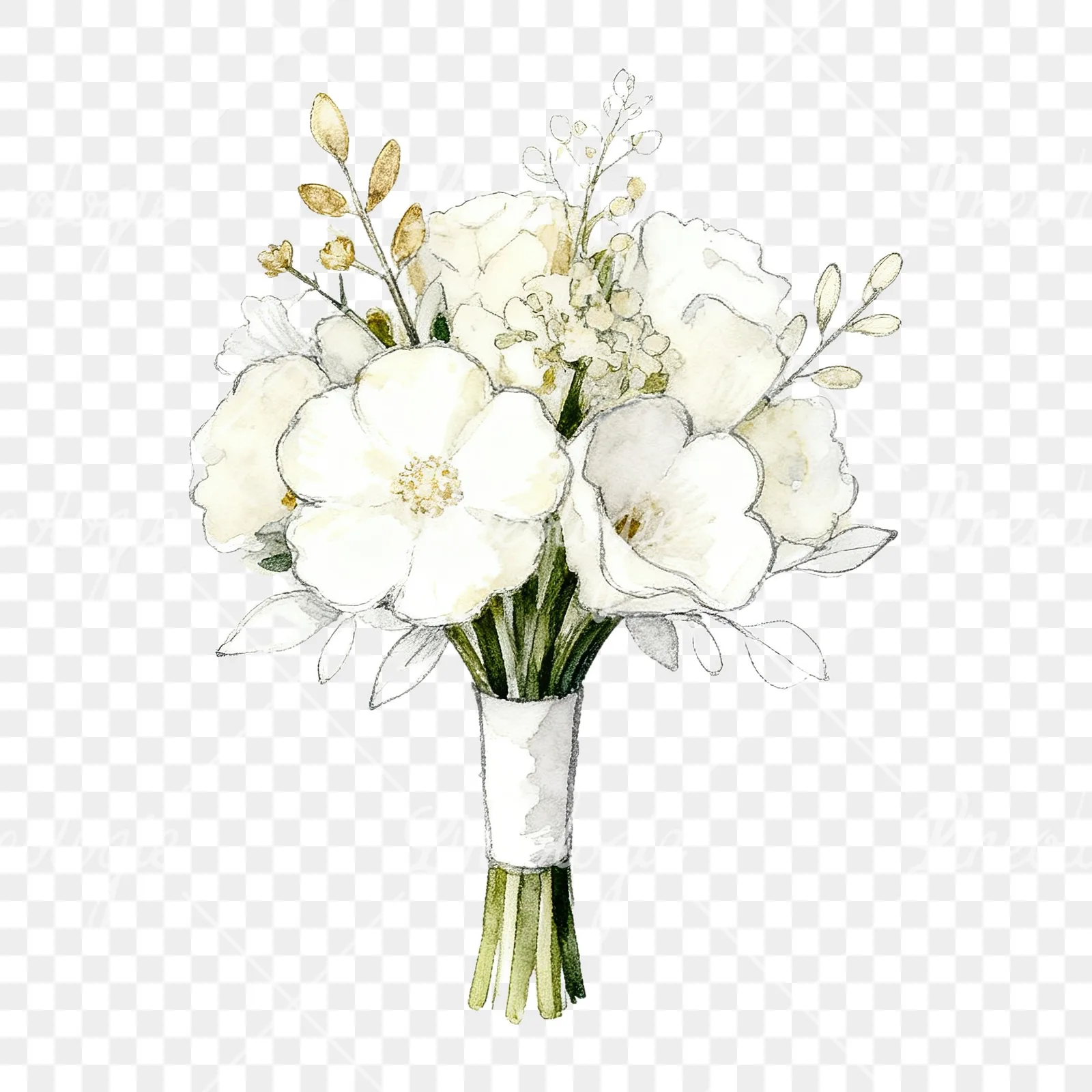 Watercolor white and champagne wedding bouquet clipart 2 of 9 on a transparent background (PNG)