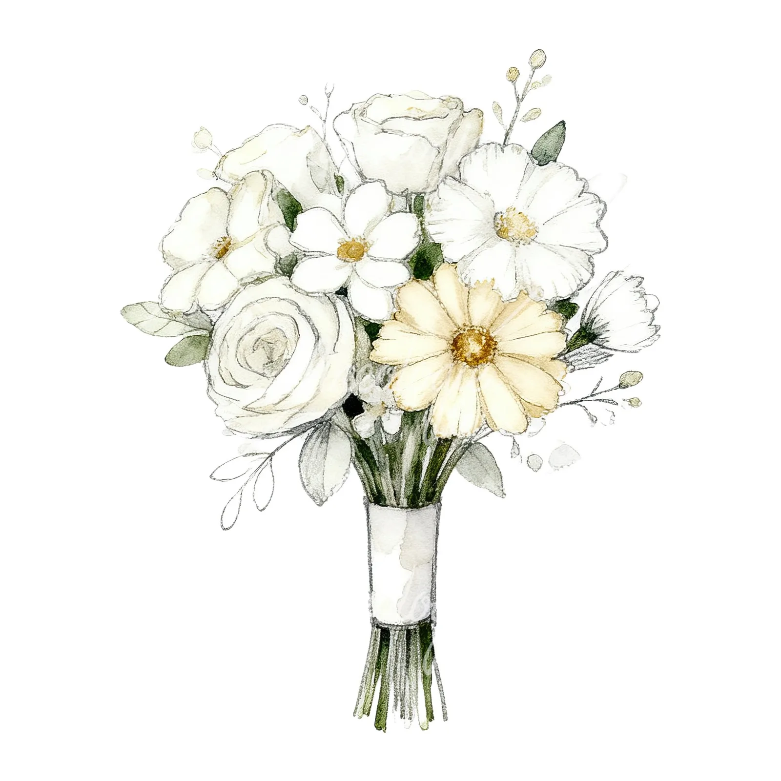 Watercolor white and champagne wedding bouquet clipart 3 of 9 on a white background (JPG)