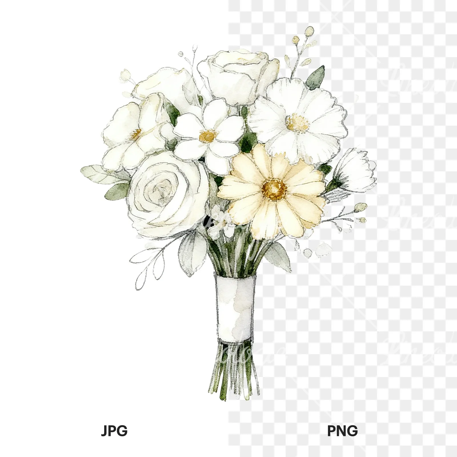 Watercolor white and champagne wedding bouquet clipart 3 of 9, as a JPG on white and a transparent PNG