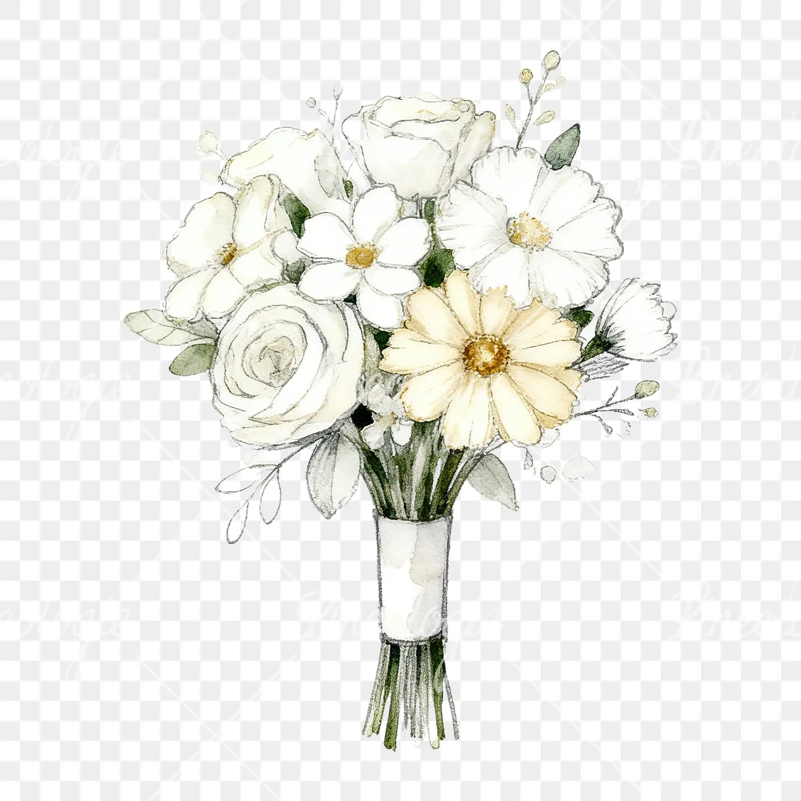 Watercolor white and champagne wedding bouquet clipart 3 of 9 on a transparent background (PNG)