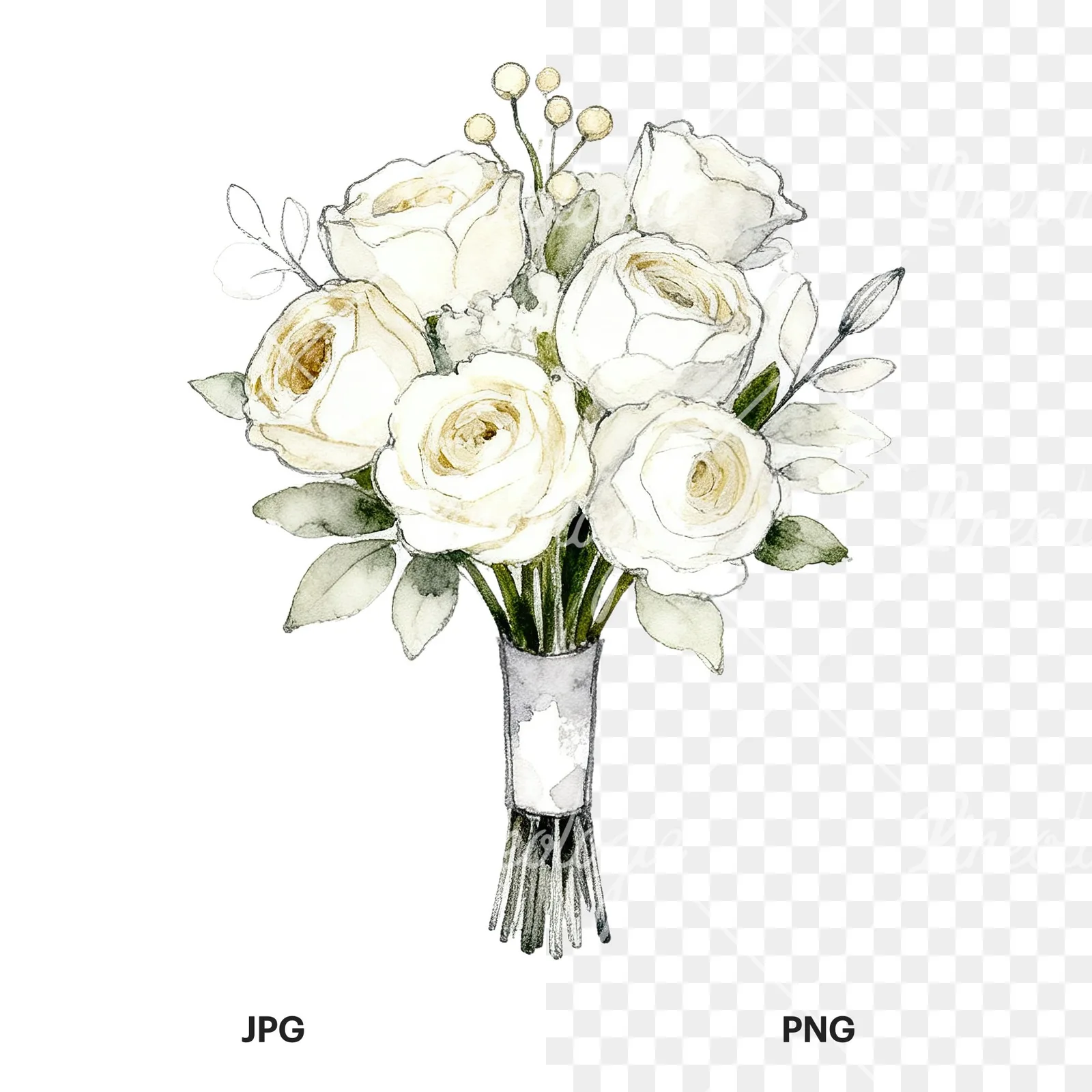 Watercolor white and champagne wedding bouquet clipart 4 of 9, as a JPG on white and a transparent PNG