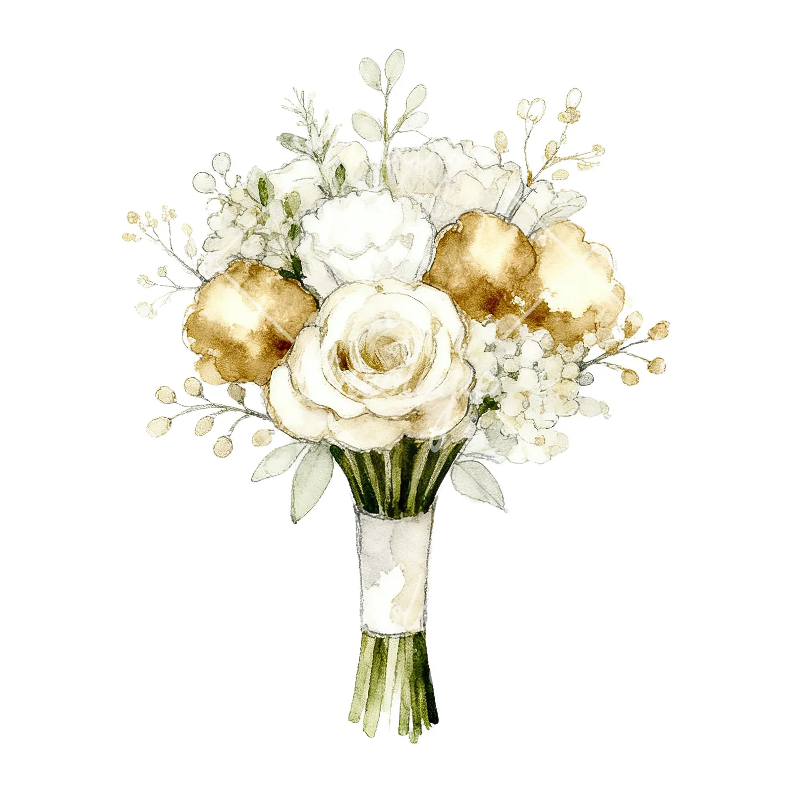 Watercolor white and champagne wedding bouquet clipart 5 of 9 on a white background (JPG)