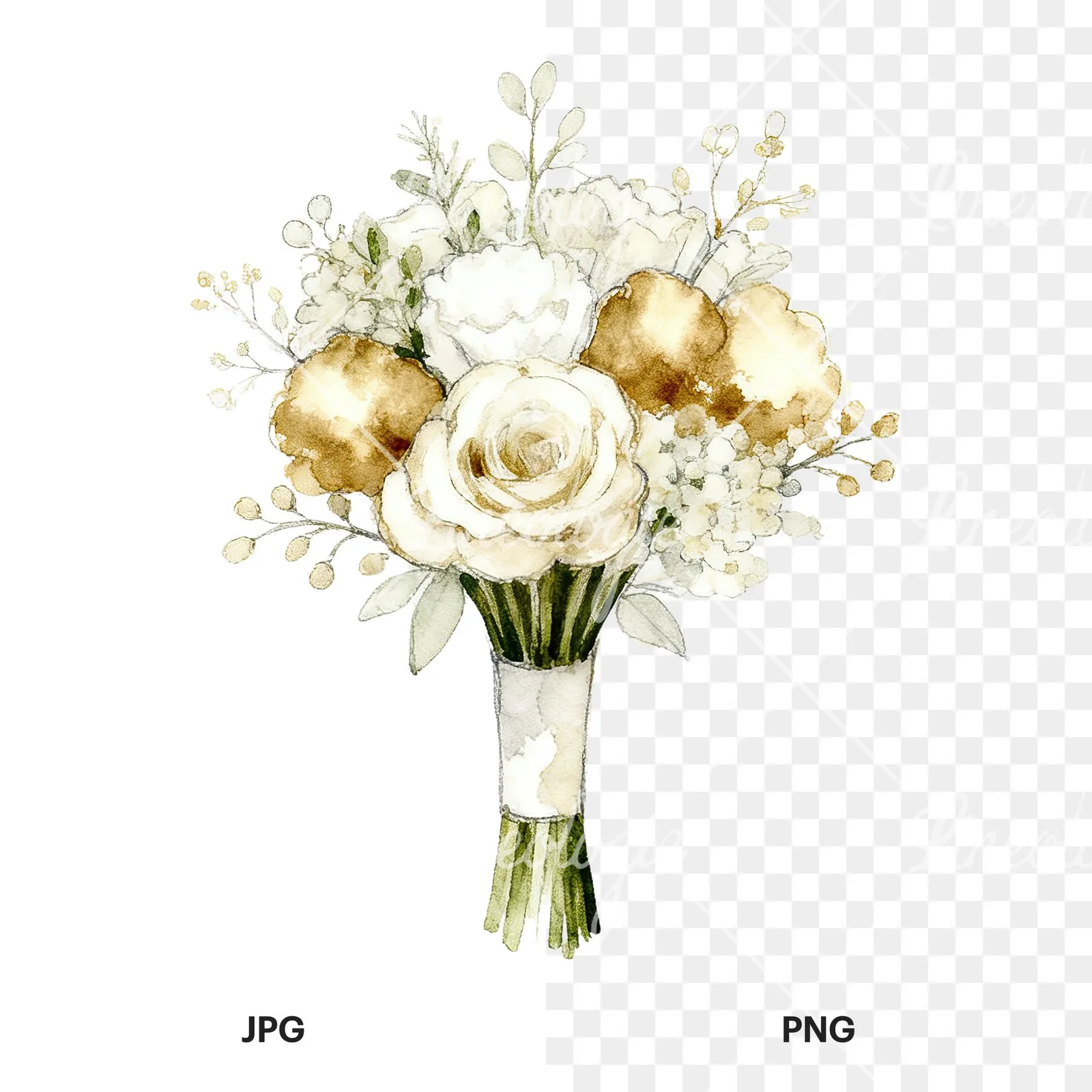 Watercolor white and champagne wedding bouquet clipart 5 of 9, as a JPG on white and a transparent PNG
