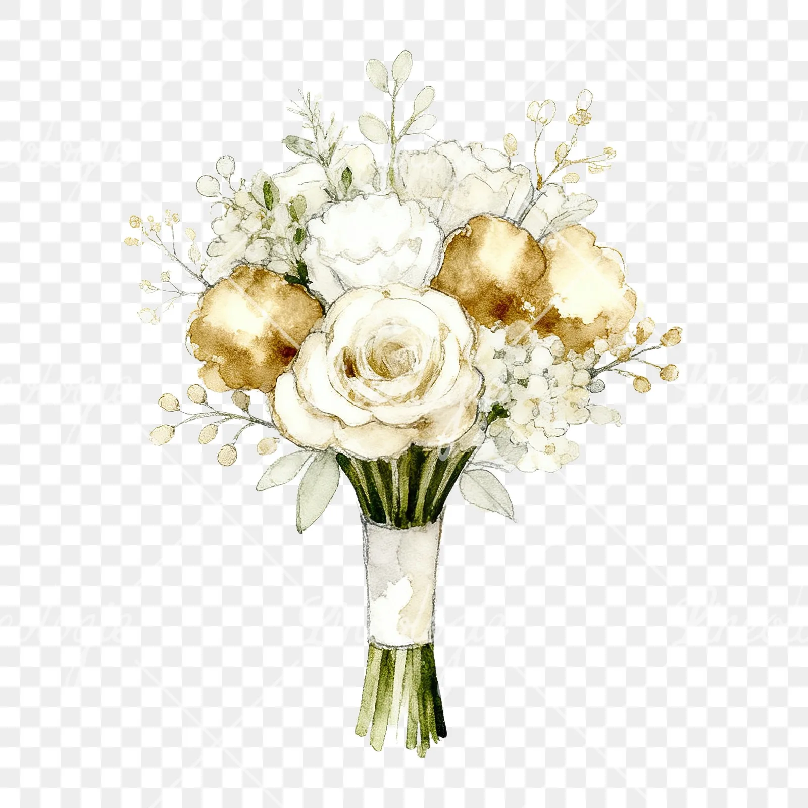Watercolor white and champagne wedding bouquet clipart 5 of 9 on a transparent background (PNG)