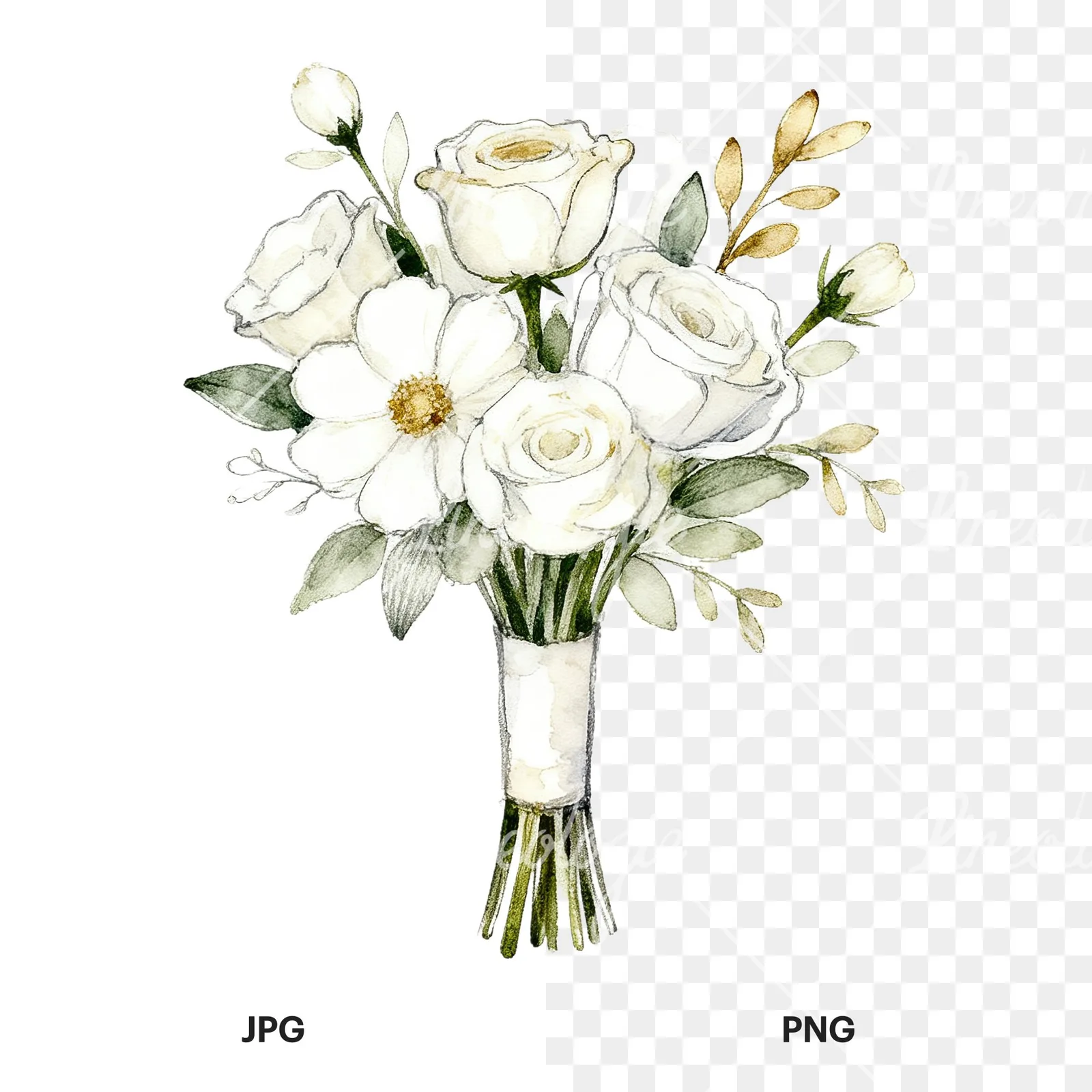 Watercolor white and champagne wedding bouquet clipart 6 of 9, as a JPG on white and a transparent PNG