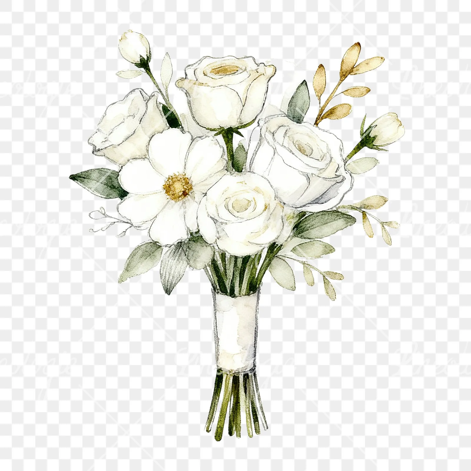Watercolor white and champagne wedding bouquet clipart 6 of 9 on a transparent background (PNG)