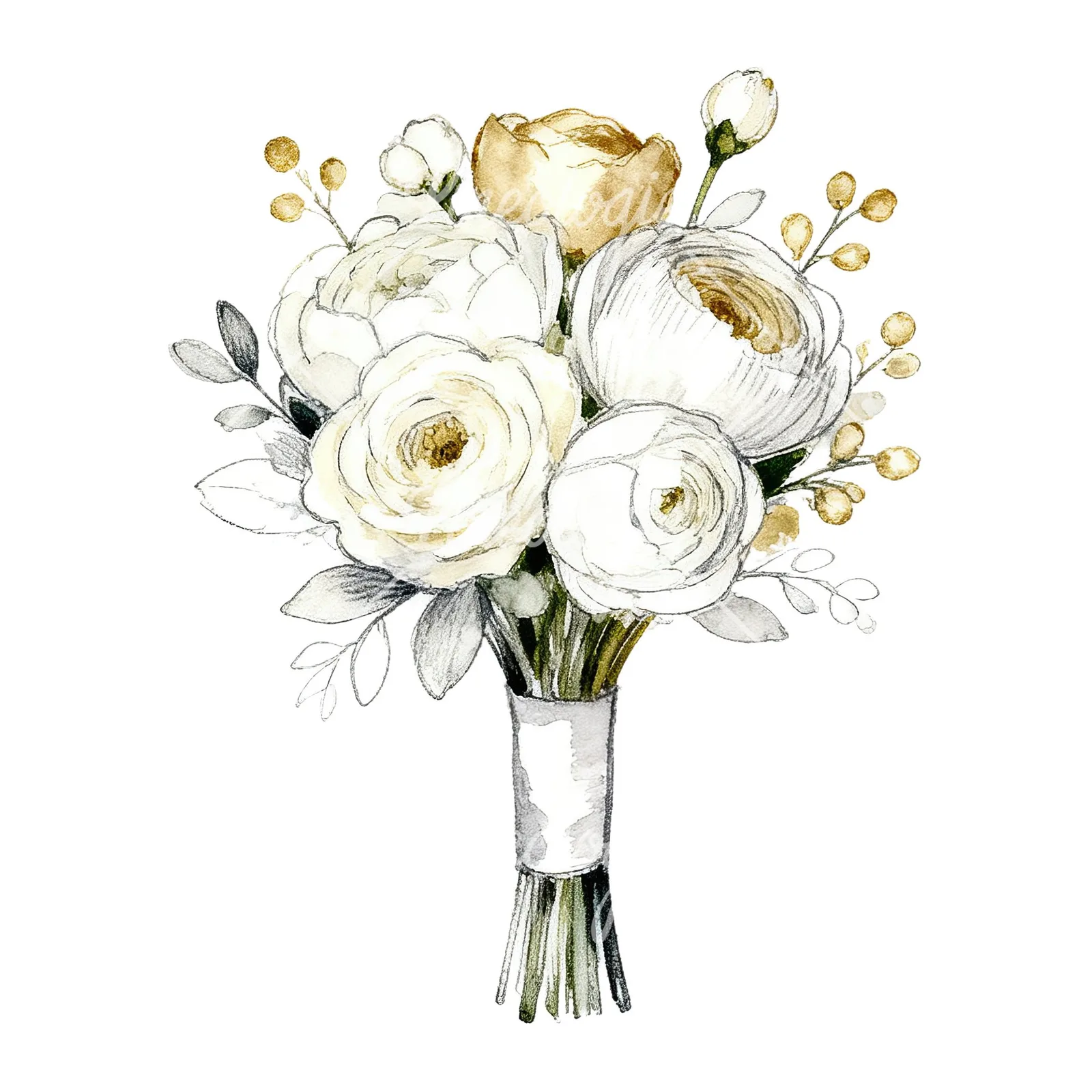 Watercolor white and champagne wedding bouquet clipart 7 of 9 on a white background (JPG)