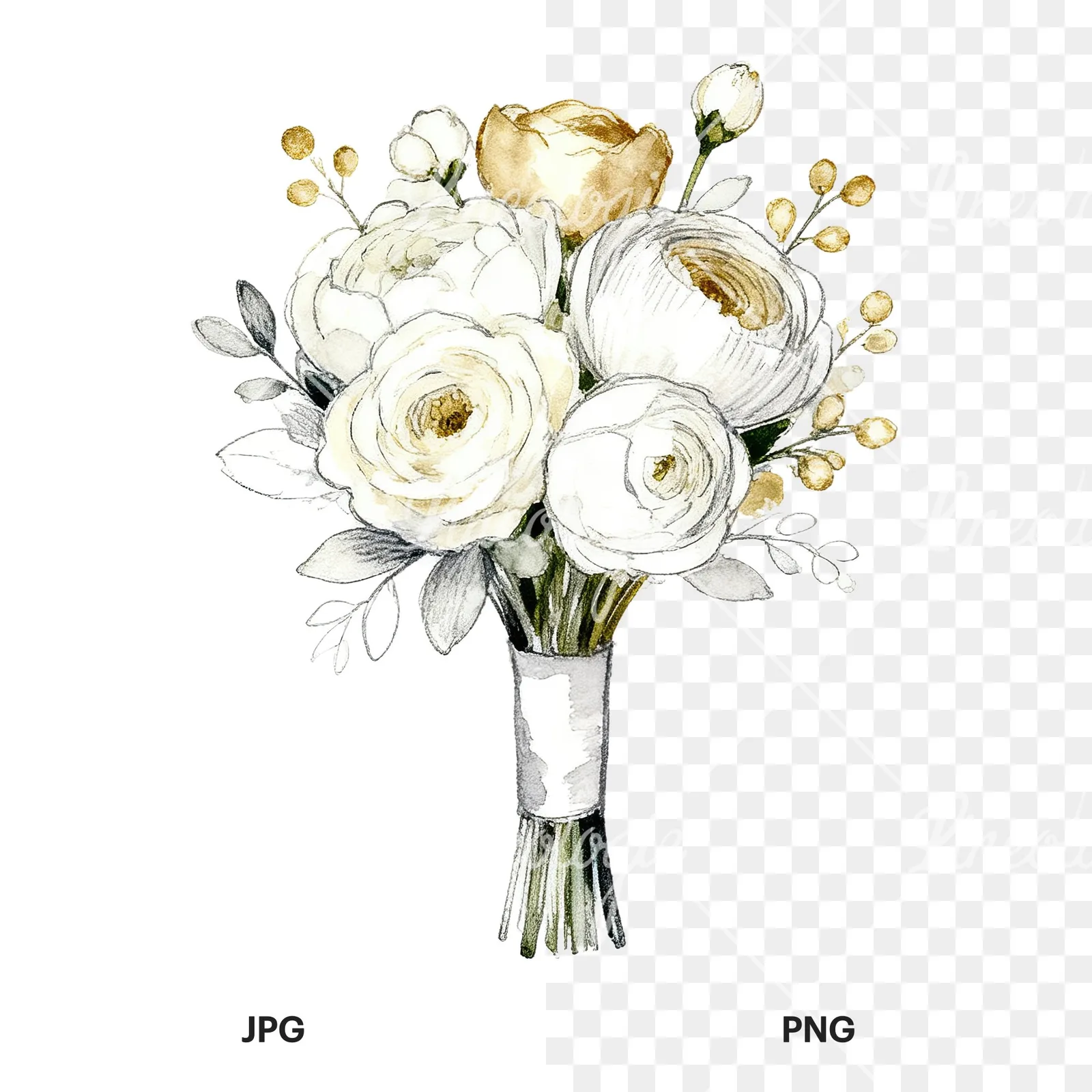 Watercolor white and champagne wedding bouquet clipart 7 of 9, as a JPG on white and a transparent PNG