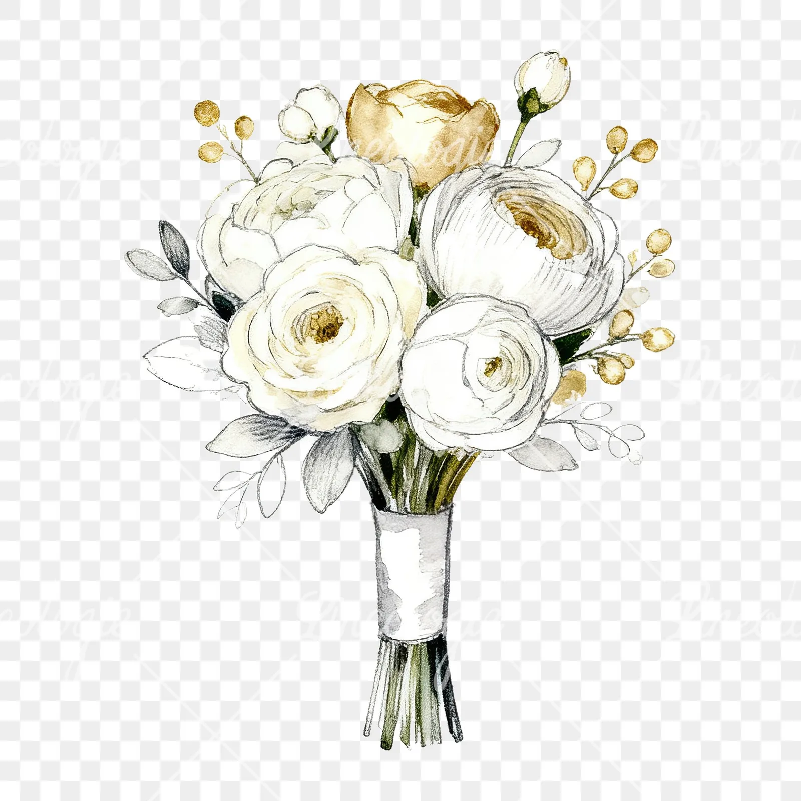 Watercolor white and champagne wedding bouquet clipart 7 of 9 on a transparent background (PNG)