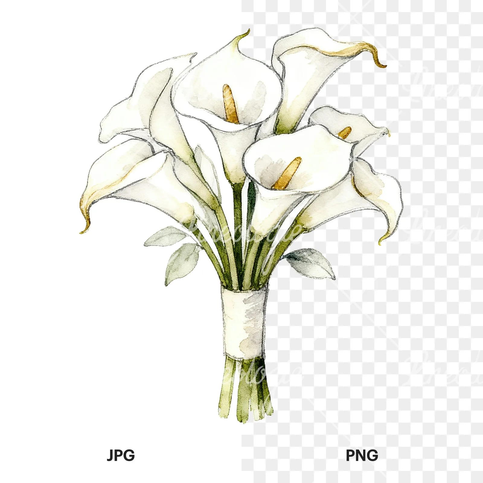 Watercolor white and champagne wedding bouquet clipart 8 of 9, as a JPG on white and a transparent PNG