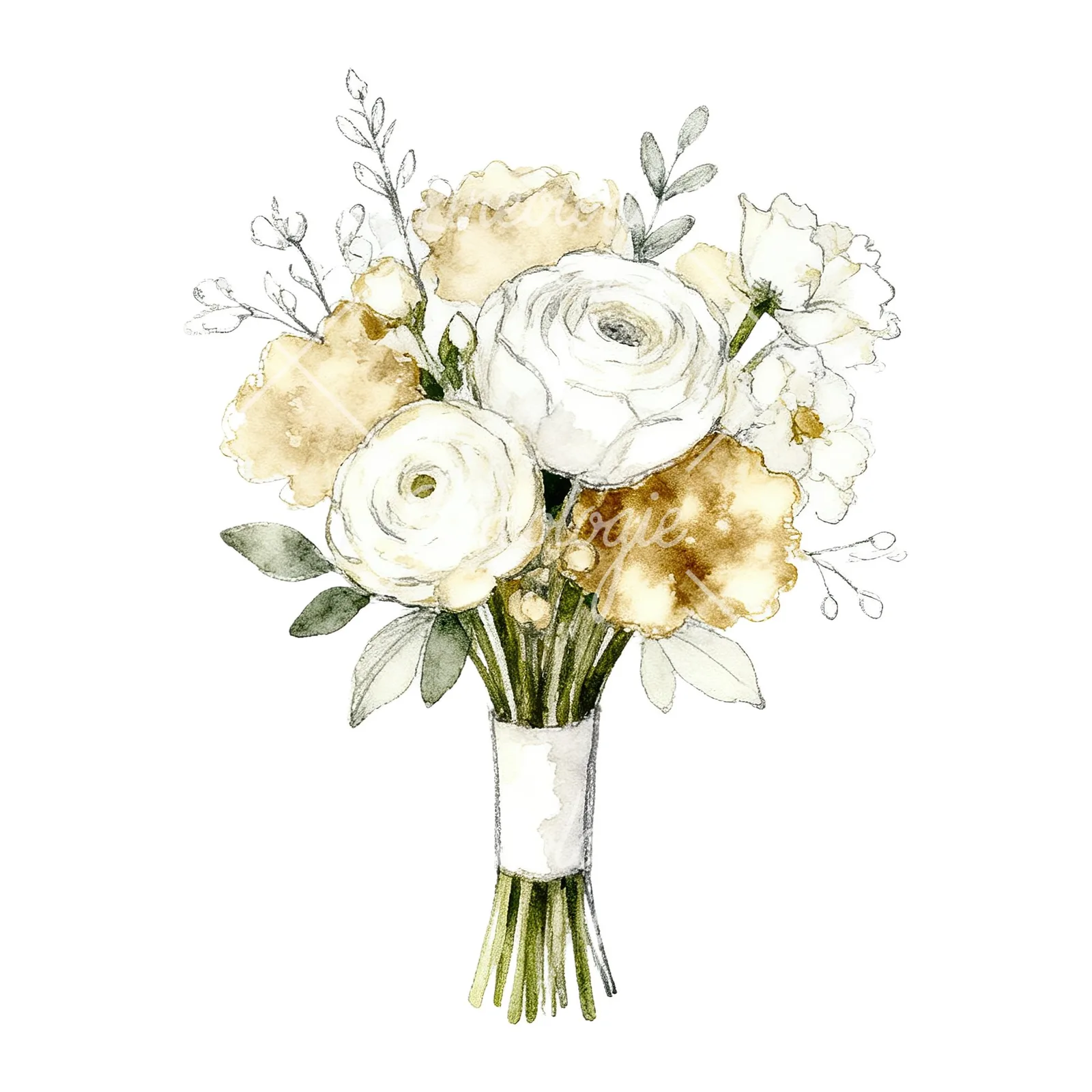 Watercolor white and champagne wedding bouquet clipart 9 of 9 on a white background (JPG)