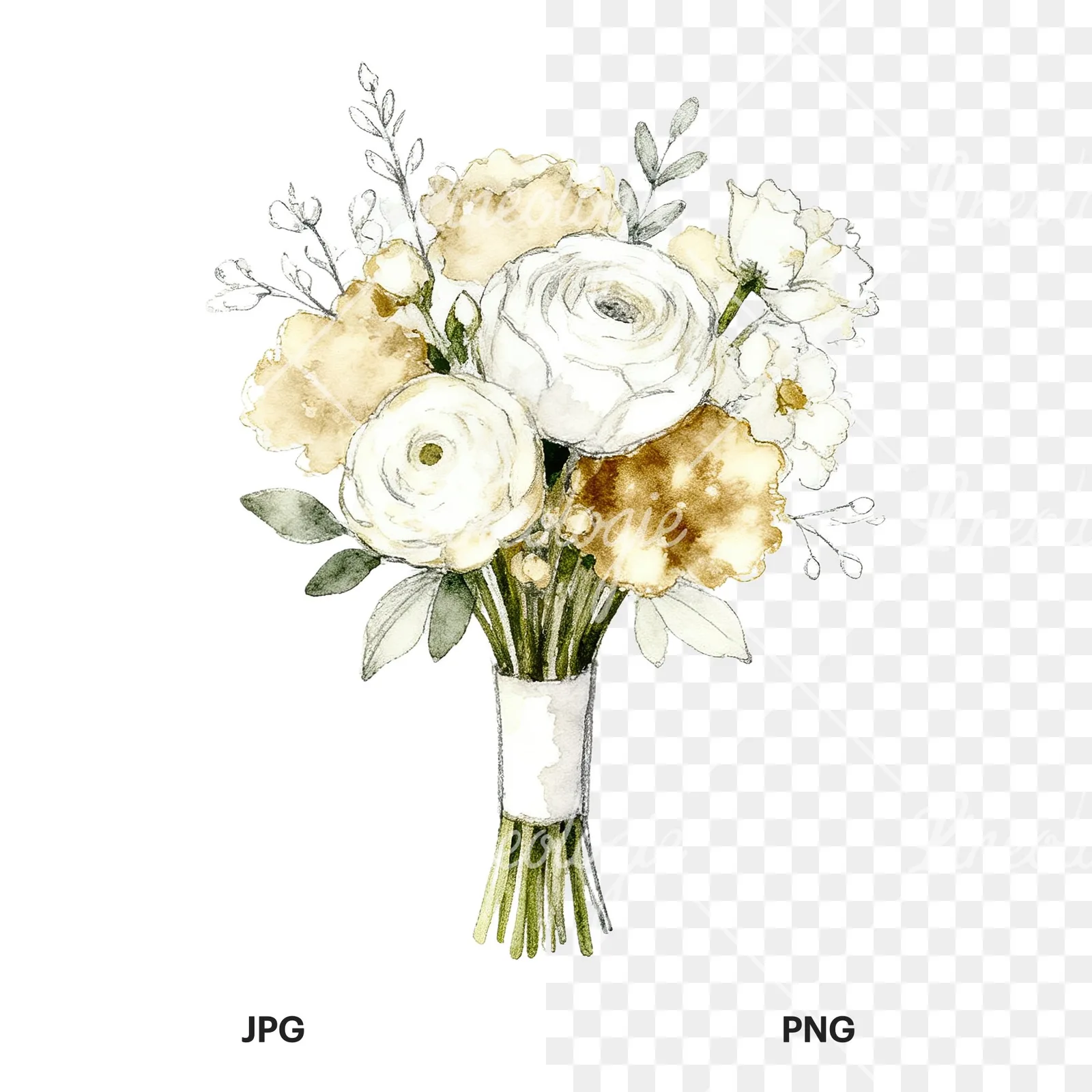 Watercolor white and champagne wedding bouquet clipart 9 of 9, as a JPG on white and a transparent PNG