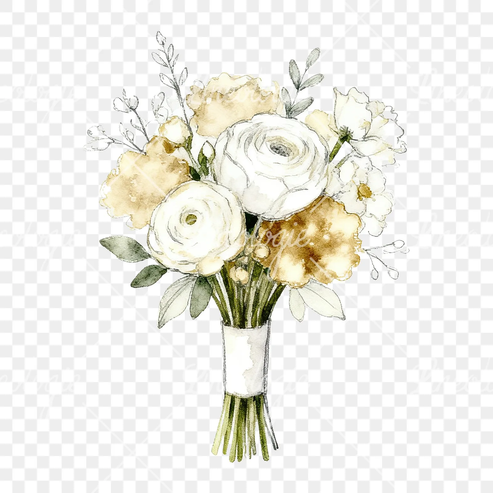 Watercolor white and champagne wedding bouquet clipart 9 of 9 on a transparent background (PNG)