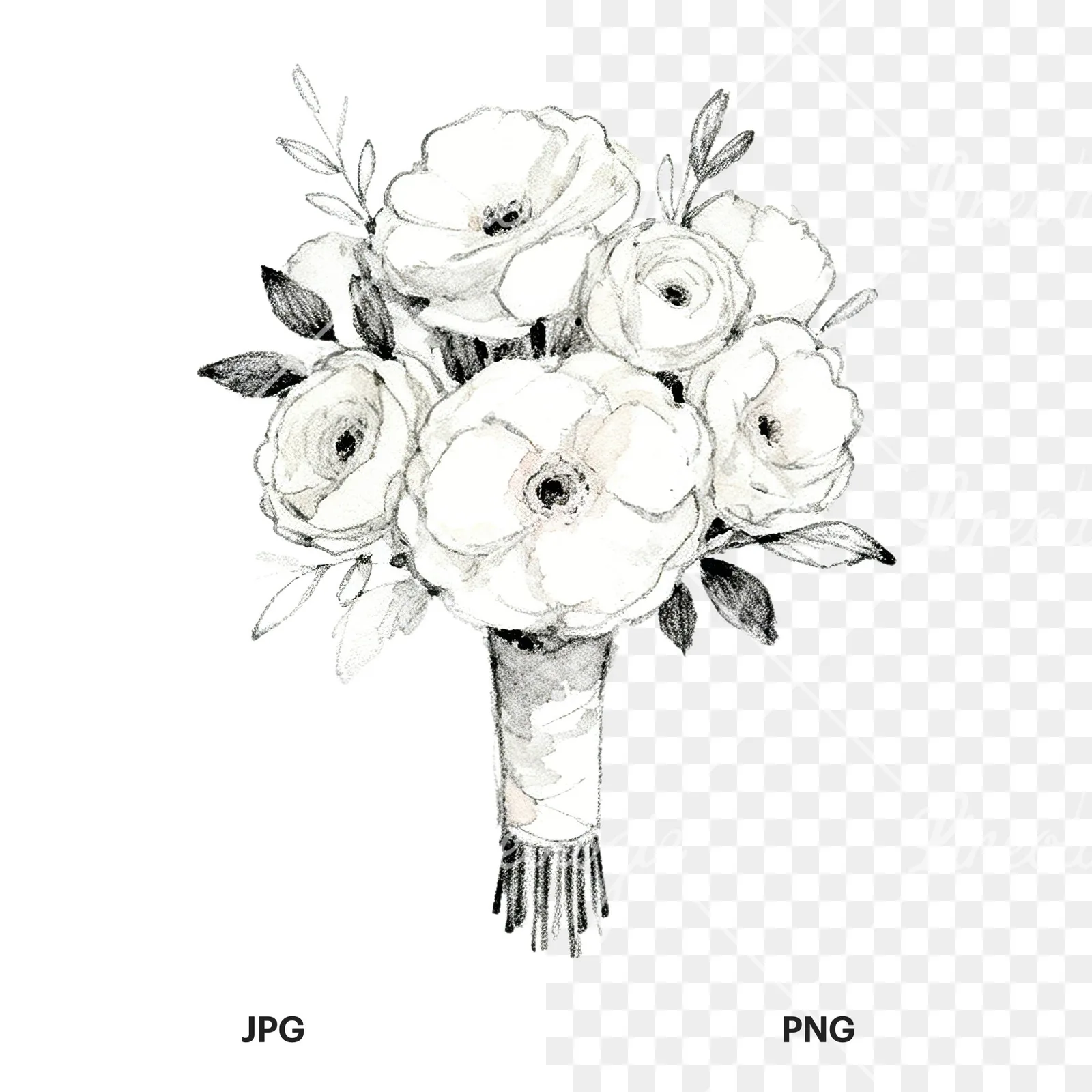 Watercolor white and pale pink wedding bouquet with lavender clipart 1 of 9, as a JPG on white and a transparent PNG