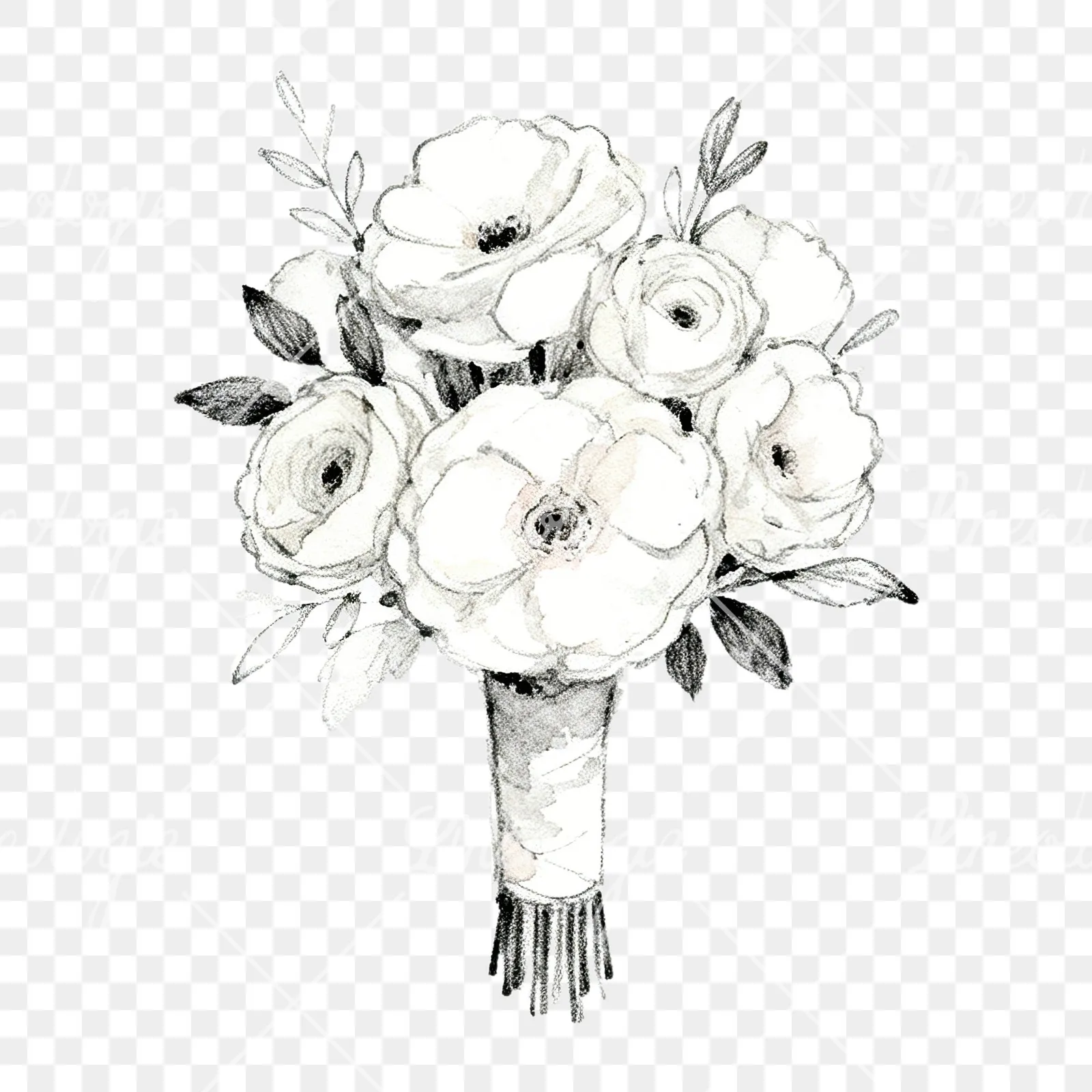 Watercolor white and pale pink wedding bouquet with lavender clipart 1 of 9 on a transparent background (PNG)