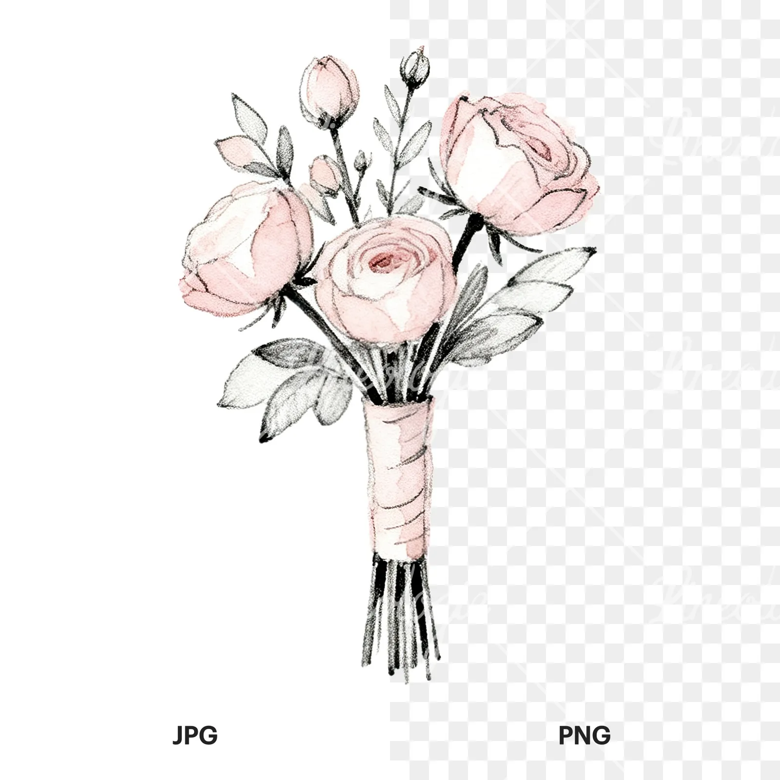 Watercolor white and pale pink wedding bouquet with lavender clipart 3 of 9, as a JPG on white and a transparent PNG