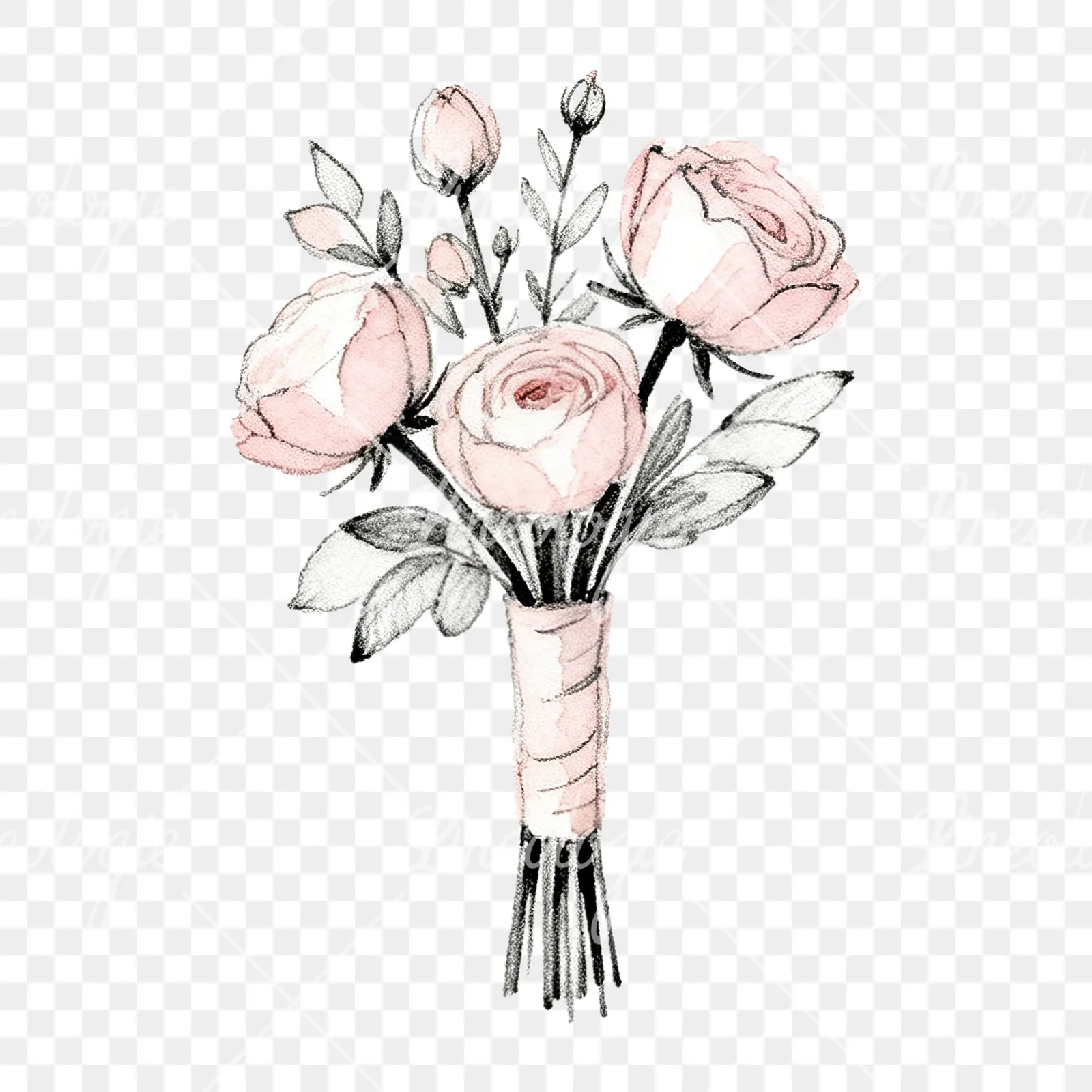 Watercolor white and pale pink wedding bouquet with lavender clipart 3 of 9 on a transparent background (PNG)