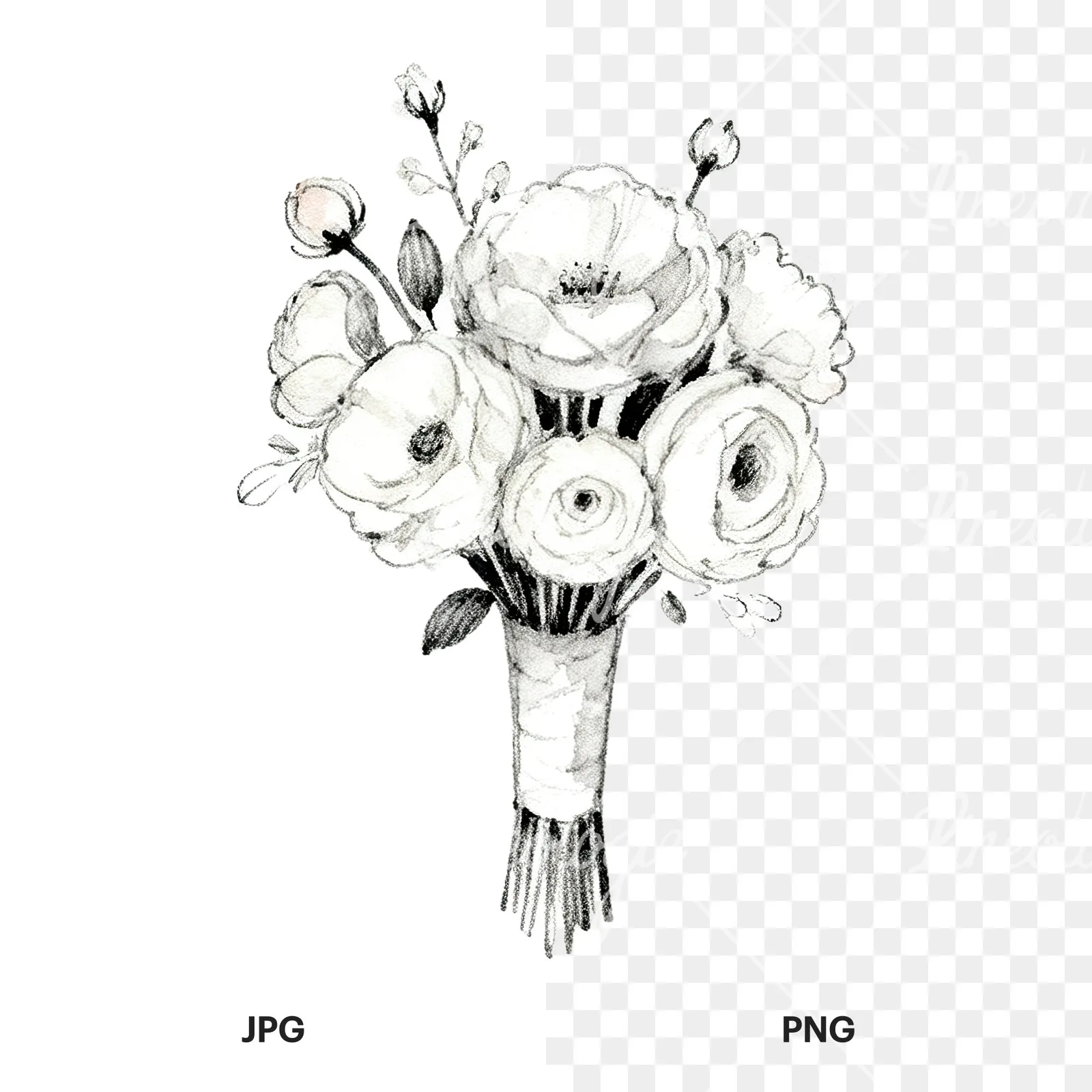 Watercolor white and pale pink wedding bouquet with lavender clipart 4 of 9, as a JPG on white and a transparent PNG