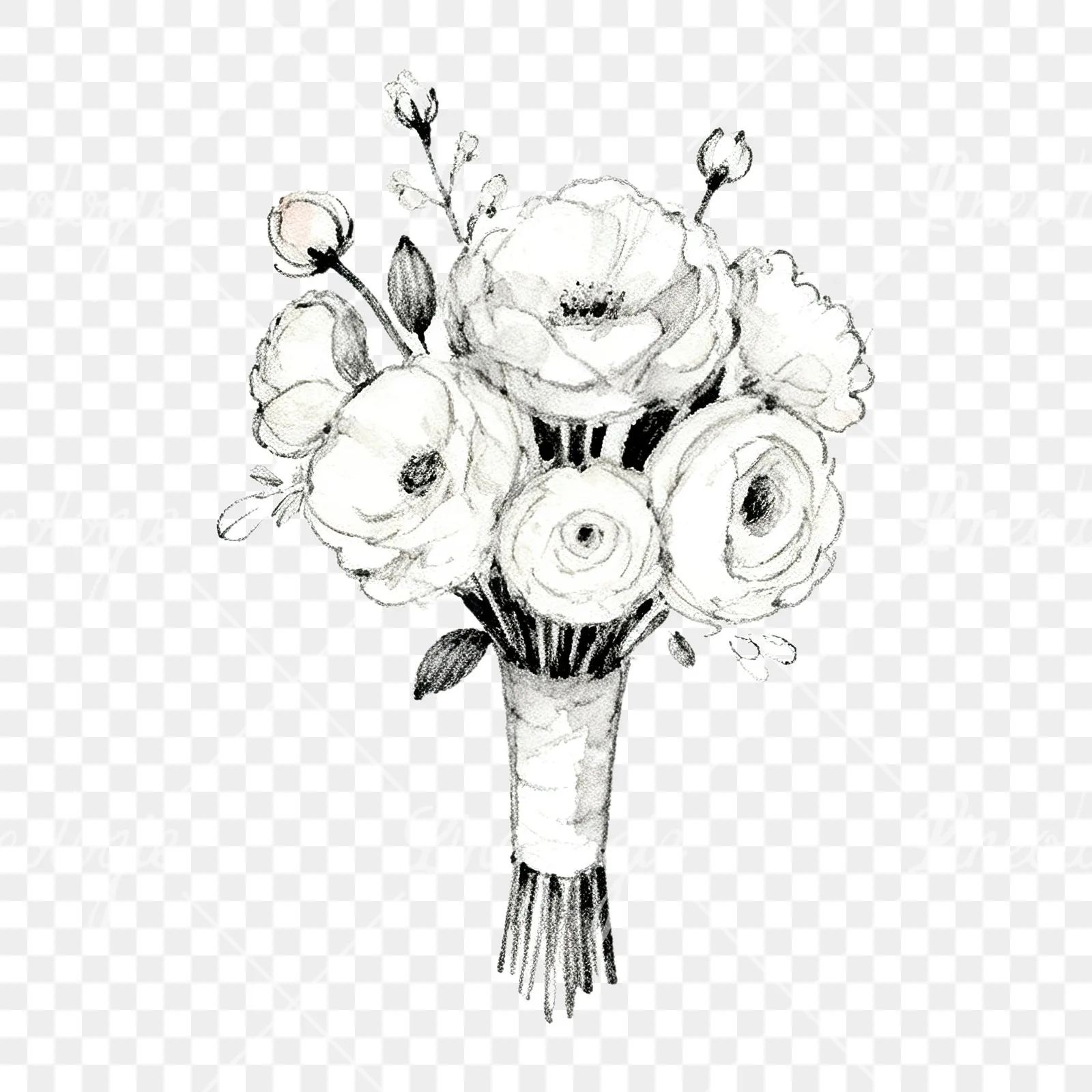 Watercolor white and pale pink wedding bouquet with lavender clipart 4 of 9 on a transparent background (PNG)