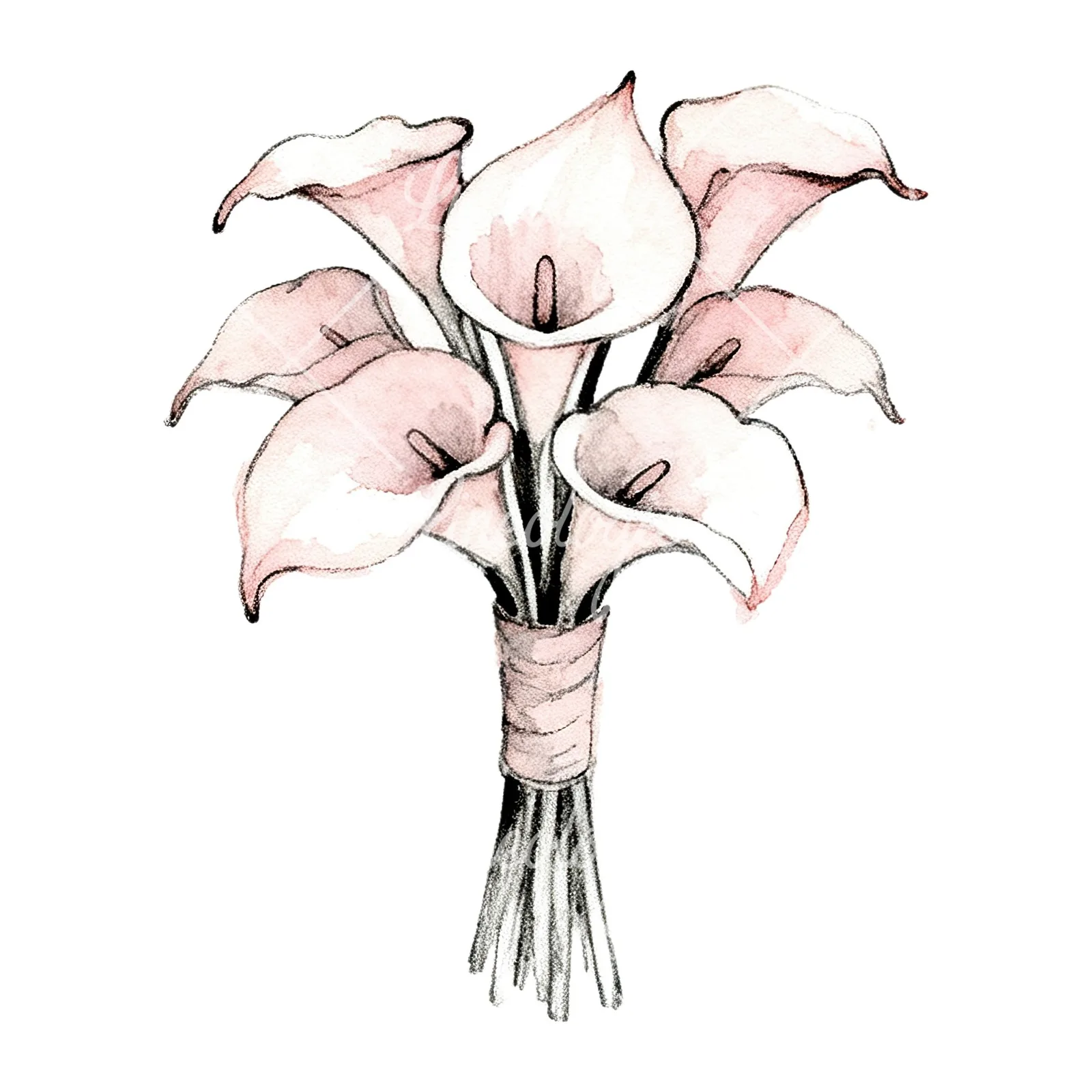 Watercolor white and pale pink wedding bouquet with lavender clipart 5 of 9 on a white background (JPG)