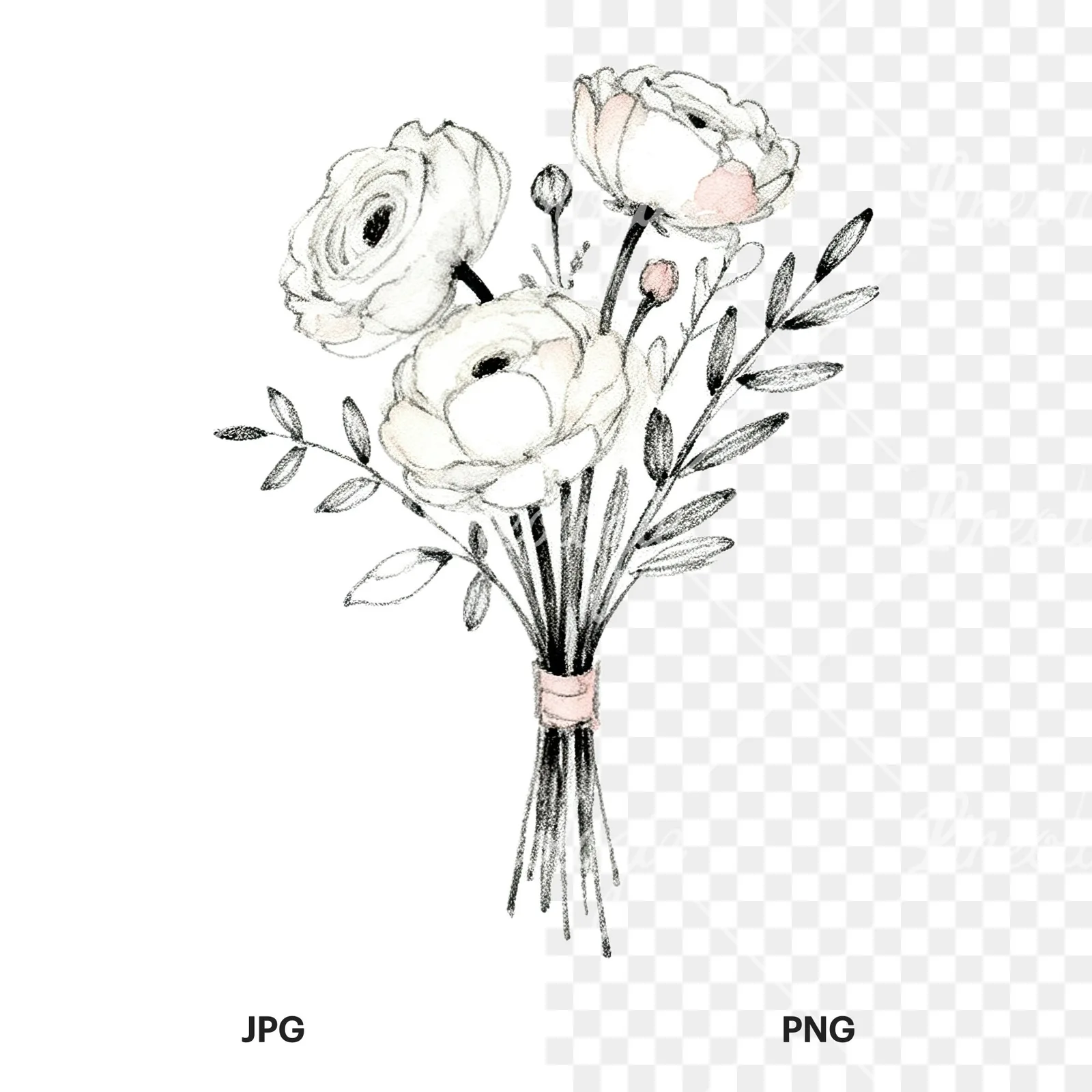 Watercolor white and pale pink wedding bouquet with lavender clipart 6 of 9, as a JPG on white and a transparent PNG