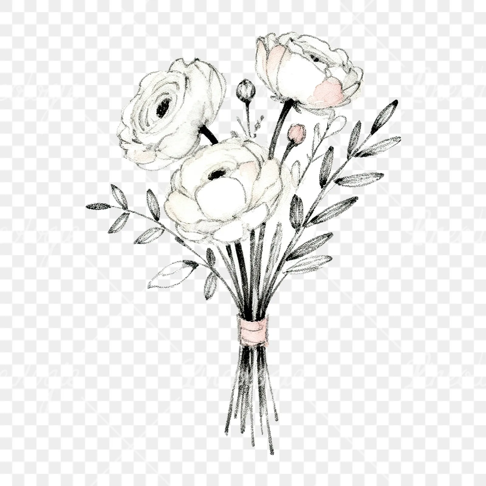 Watercolor white and pale pink wedding bouquet with lavender clipart 6 of 9 on a transparent background (PNG)