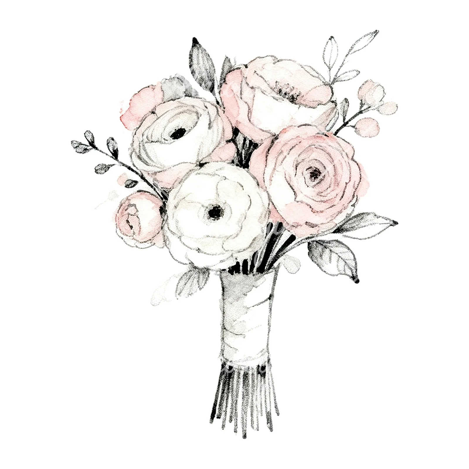 Watercolor white and pale pink wedding bouquet with lavender clipart 7 of 9 on a white background (JPG)