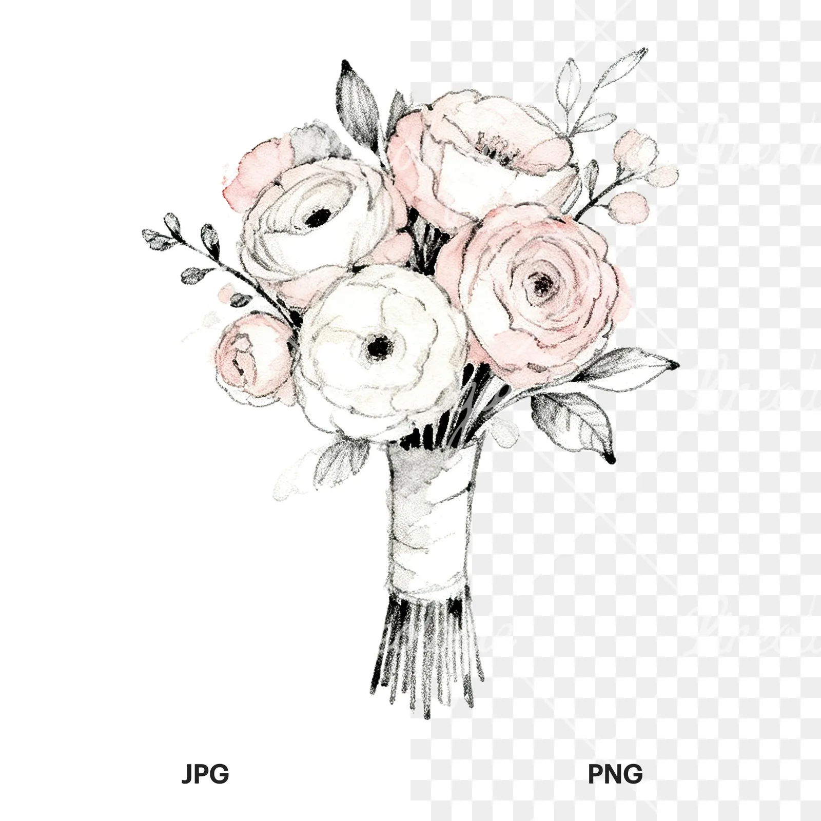 Watercolor white and pale pink wedding bouquet with lavender clipart 7 of 9, as a JPG on white and a transparent PNG