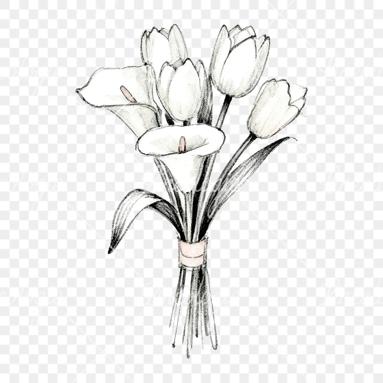 Watercolor white and pale pink wedding bouquet with lavender clipart 8 of 9 on a transparent background (PNG)