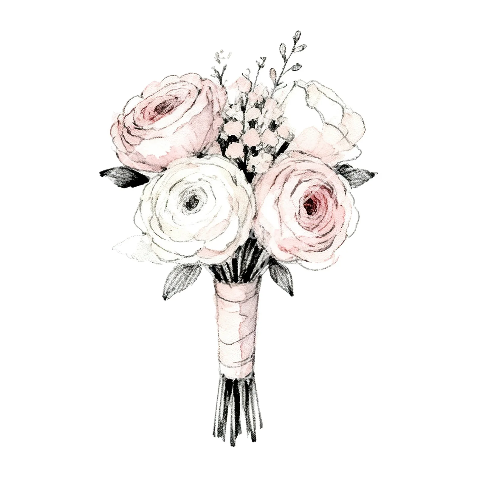 Watercolor white and pale pink wedding bouquet with lavender clipart 9 of 9 on a white background (JPG)