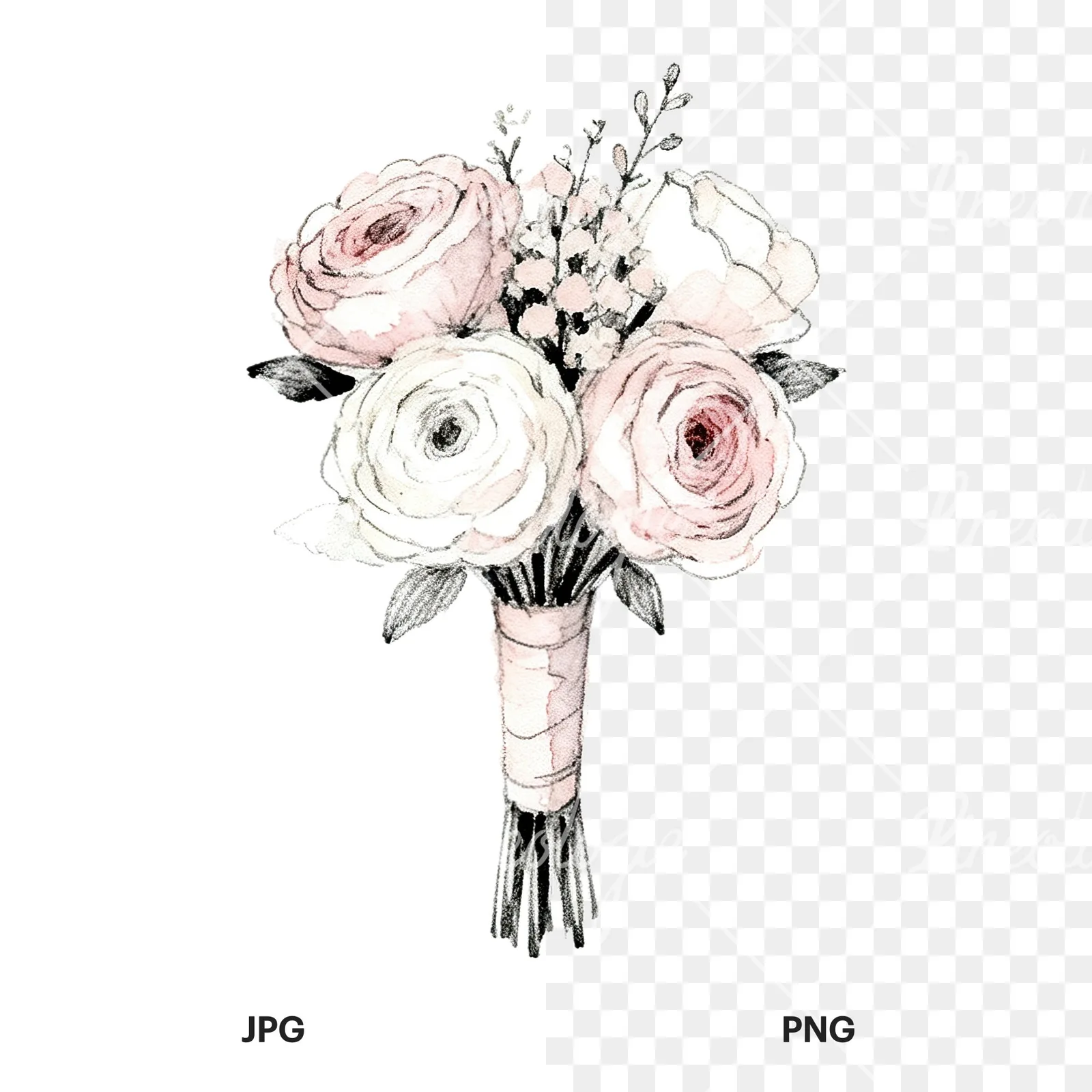 Watercolor white and pale pink wedding bouquet with lavender clipart 9 of 9, as a JPG on white and a transparent PNG