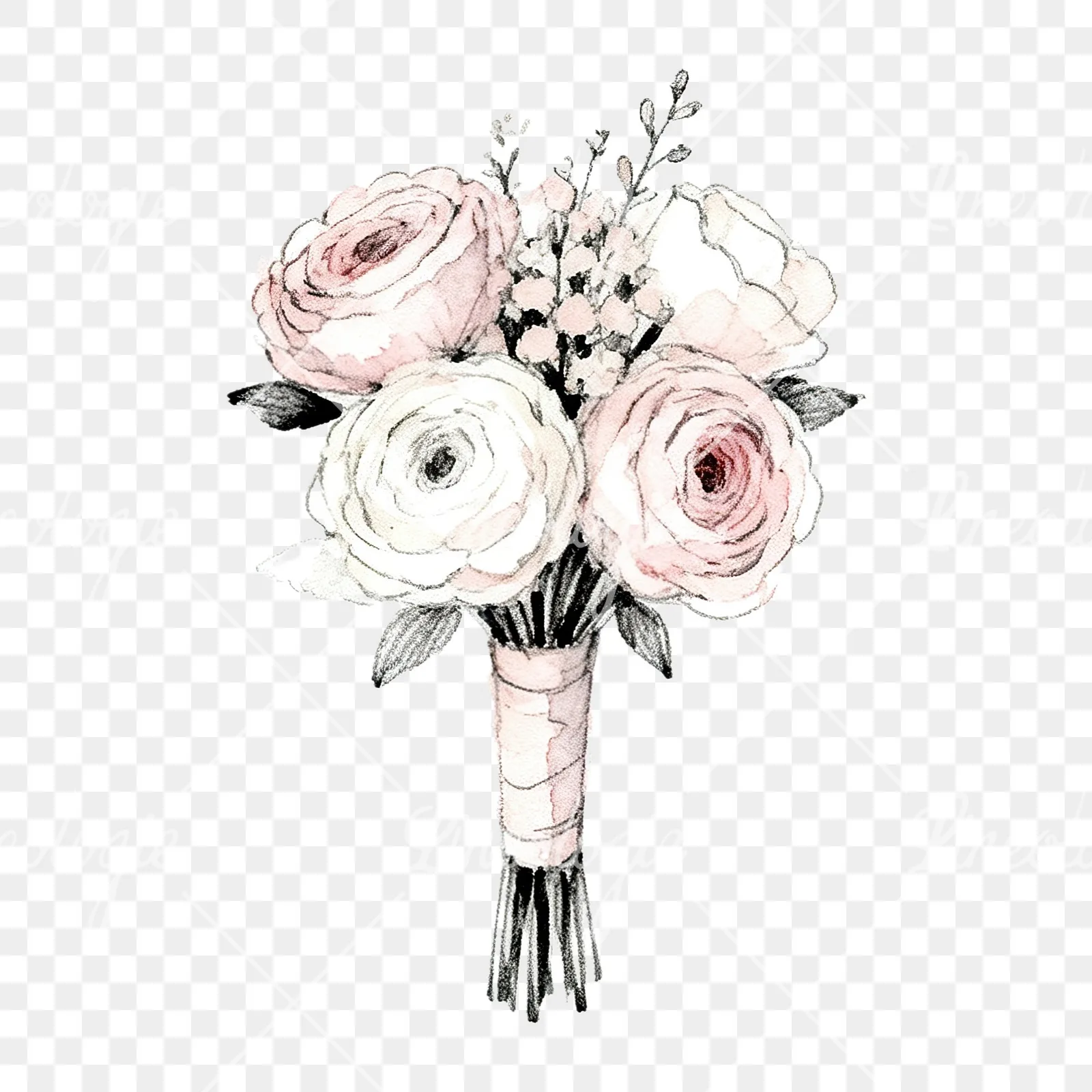Watercolor white and pale pink wedding bouquet with lavender clipart 9 of 9 on a transparent background (PNG)