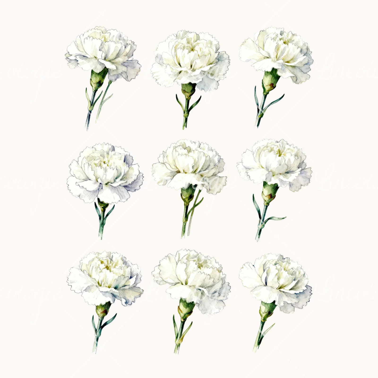 Watercolor White Carnation Flower Clipart, all 9 illustrations in the pack