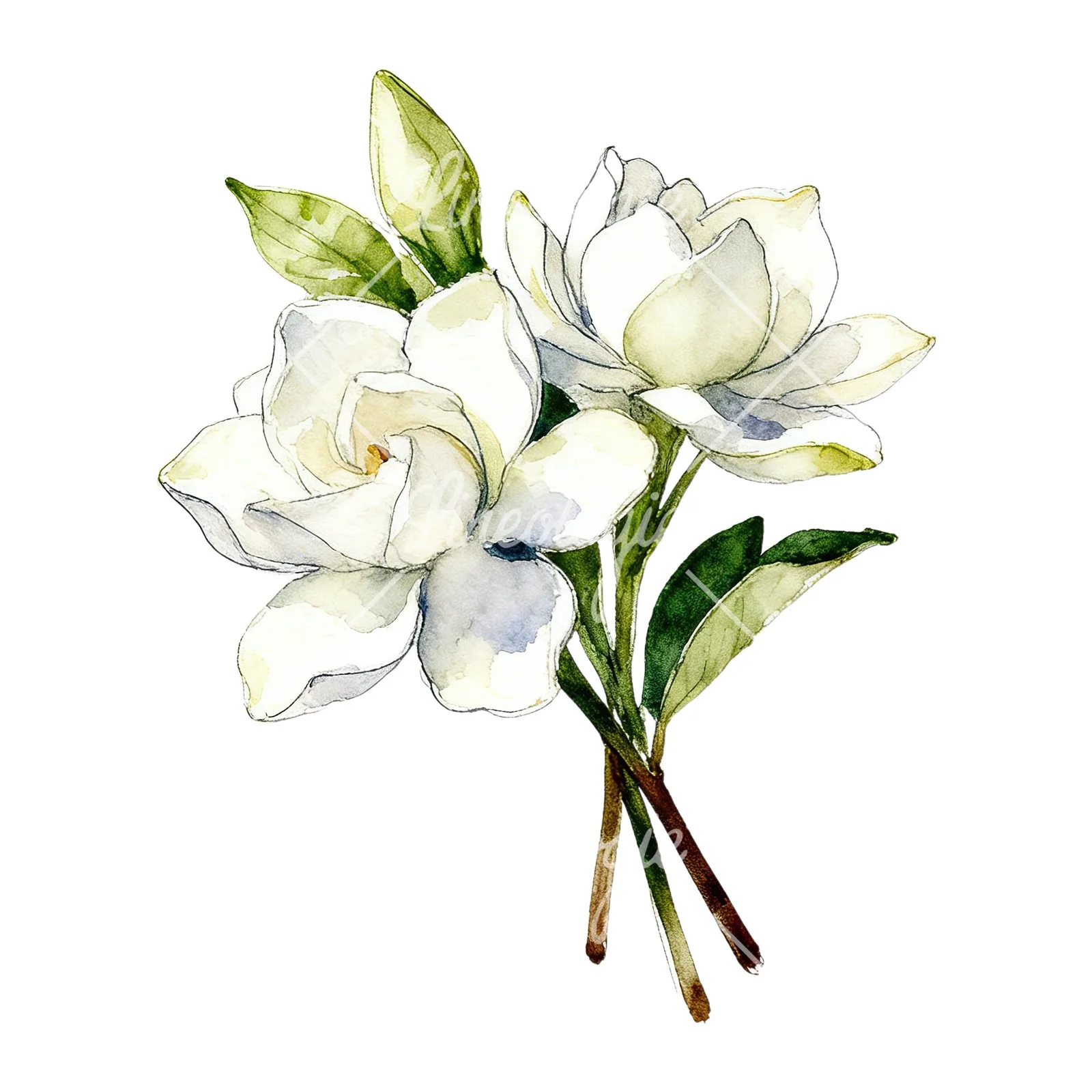 Watercolor loose white gardenia bouquet clipart 1 of 9 on a white background (JPG)