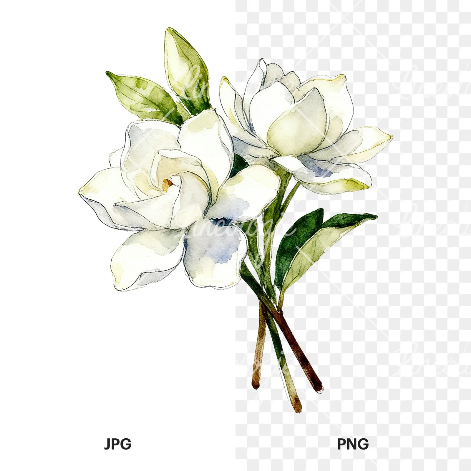 Watercolor loose white gardenia bouquet clipart 1 of 9, as a JPG on white and a transparent PNG